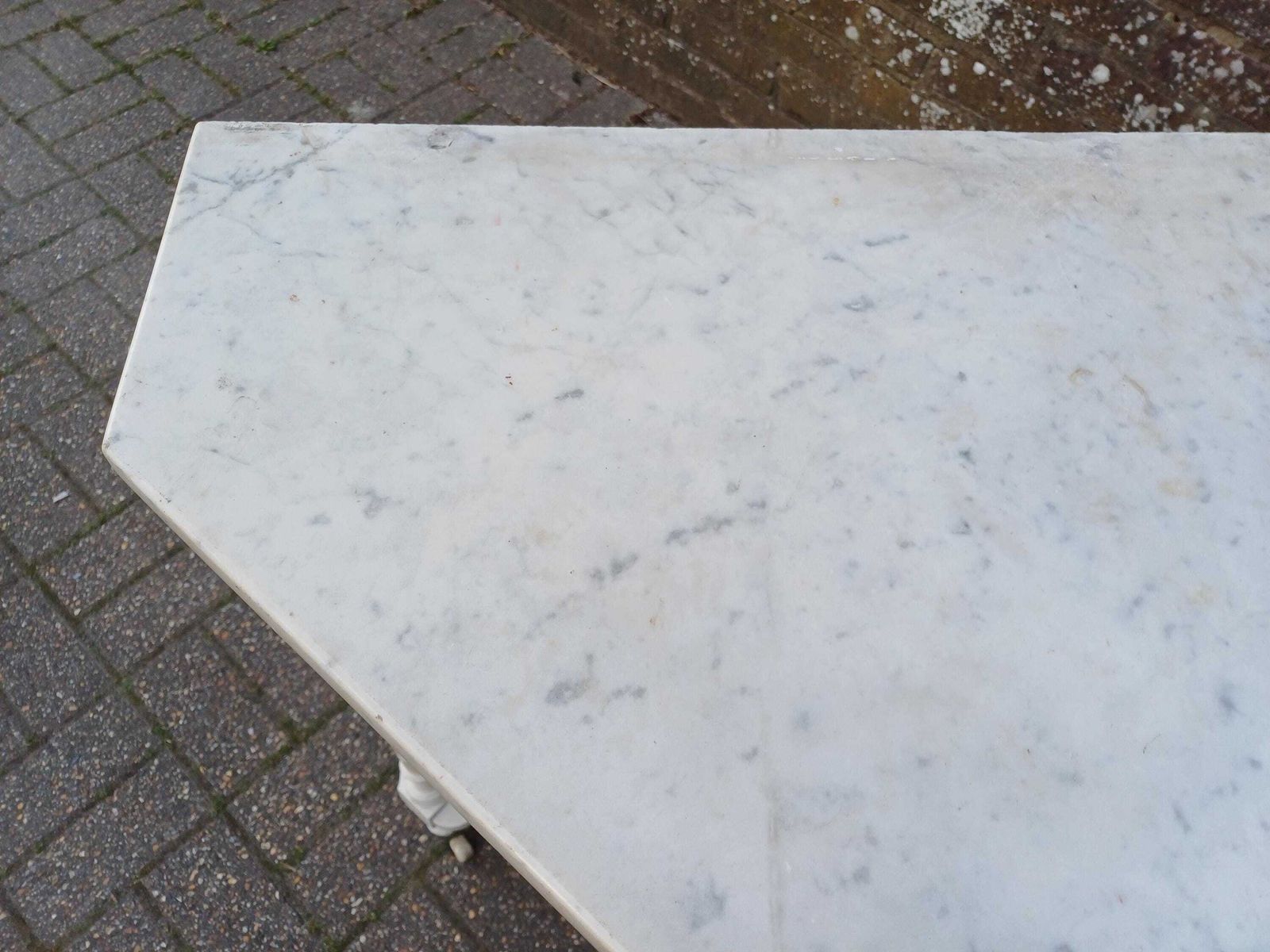 photo vintage Victorian Marble Top Washstand Painted Antique Side Table Cupboard Storage Brass Handles Turned Legs