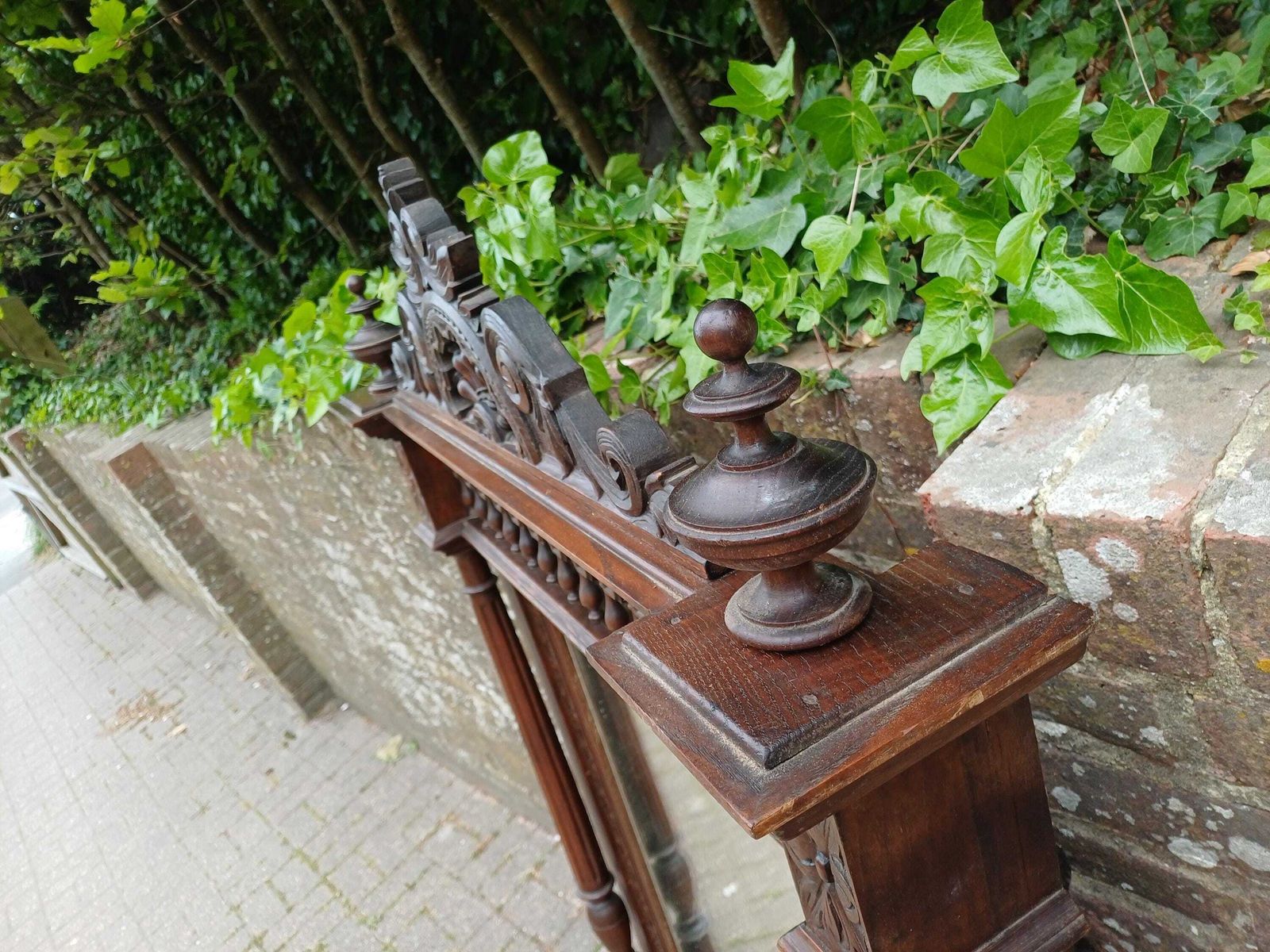 Antique French Over Mantel Mirror Carved Oak Ornate Wall Mirror Bevelled Glass Decorative Pediment Columns photo for sale