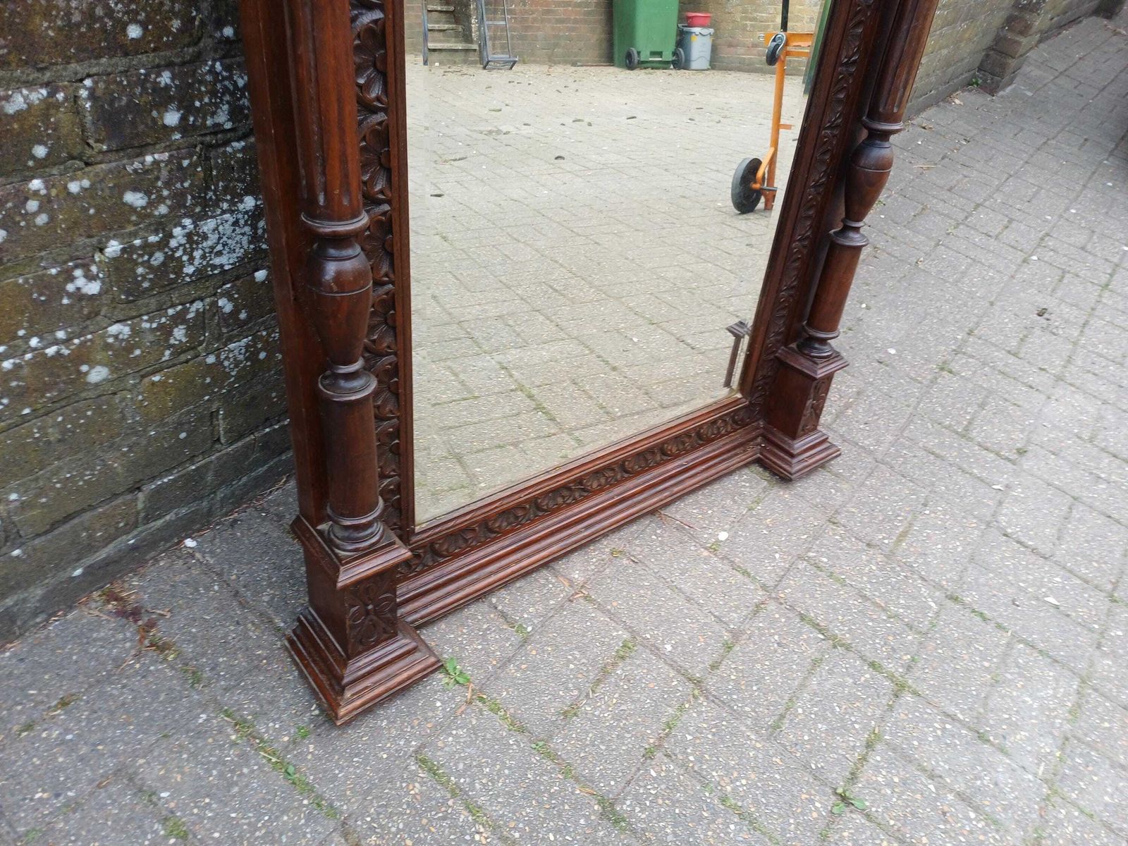 895.0 Antique French Over Mantel Mirror Carved Oak Ornate Wall Mirror Bevelled Glass Decorative Pediment Columns photo
