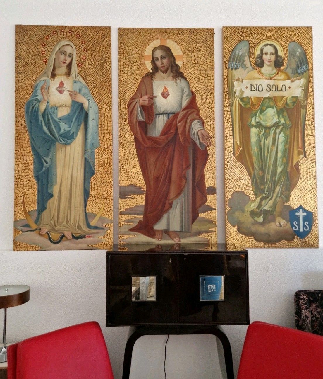 Large Antique Italian Religious Triptych Oil Painting Saints Madonna Christ photo furniture