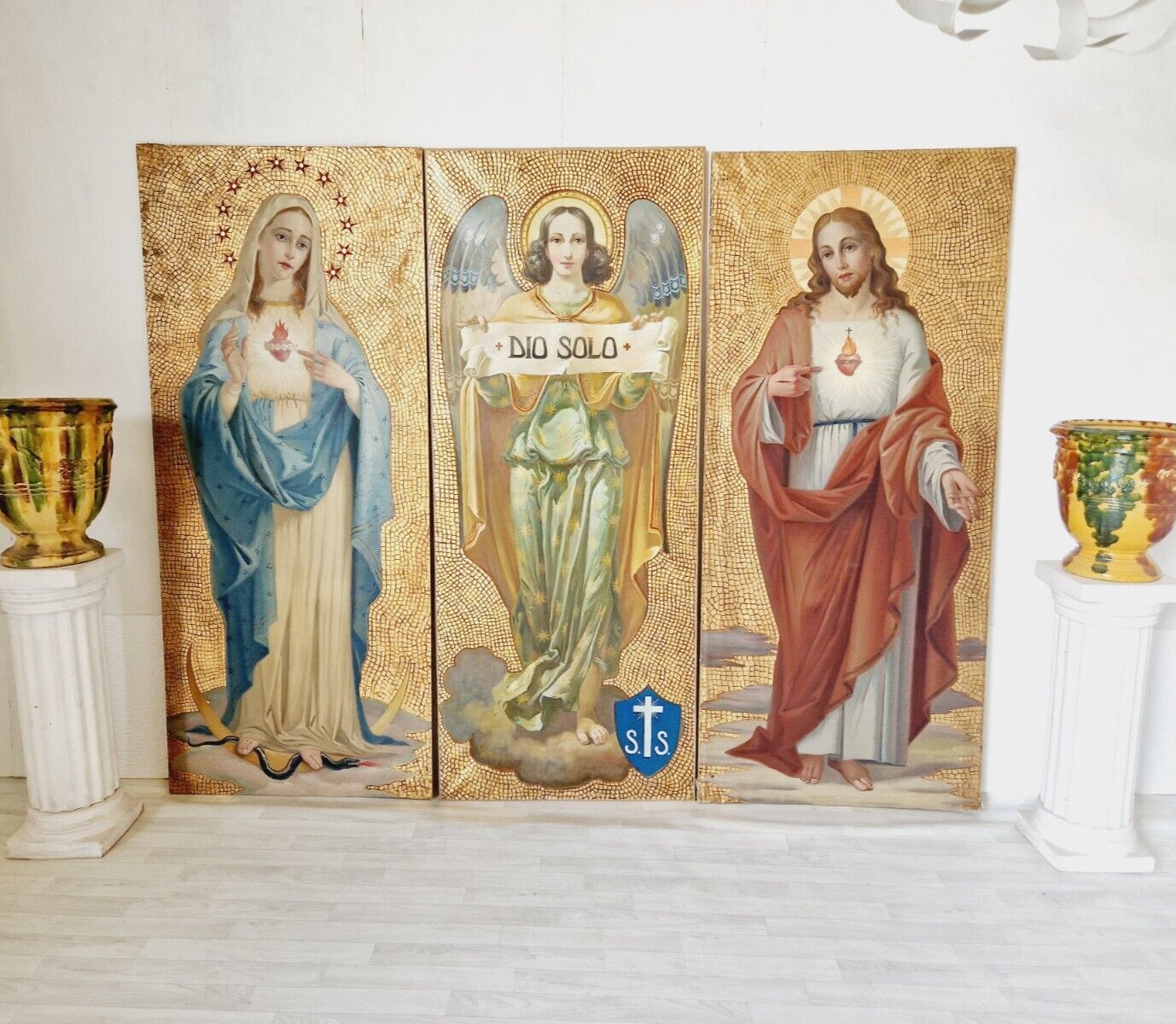 Large Antique Italian Religious Triptych Oil Painting Saints Madonna Christ photo 2800.0