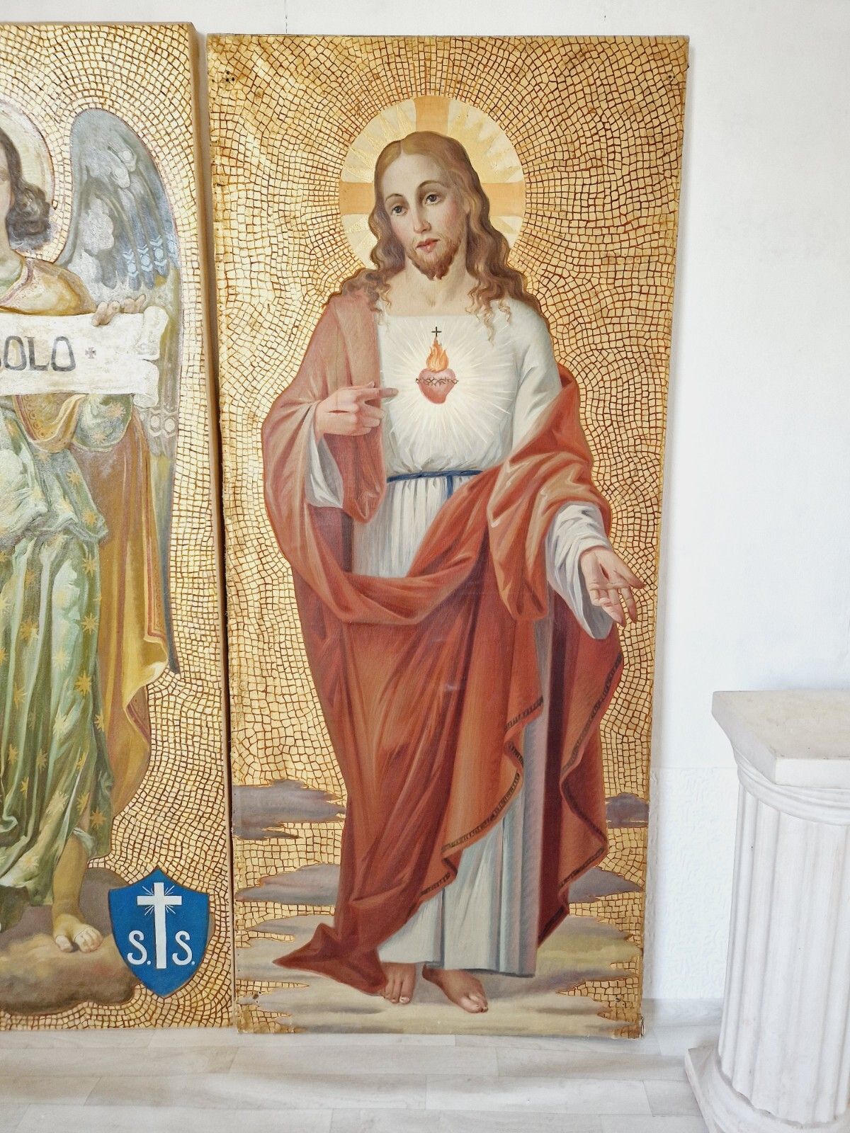 photo for sale Large Antique Italian Religious Triptych Oil Painting Saints Madonna Christ
