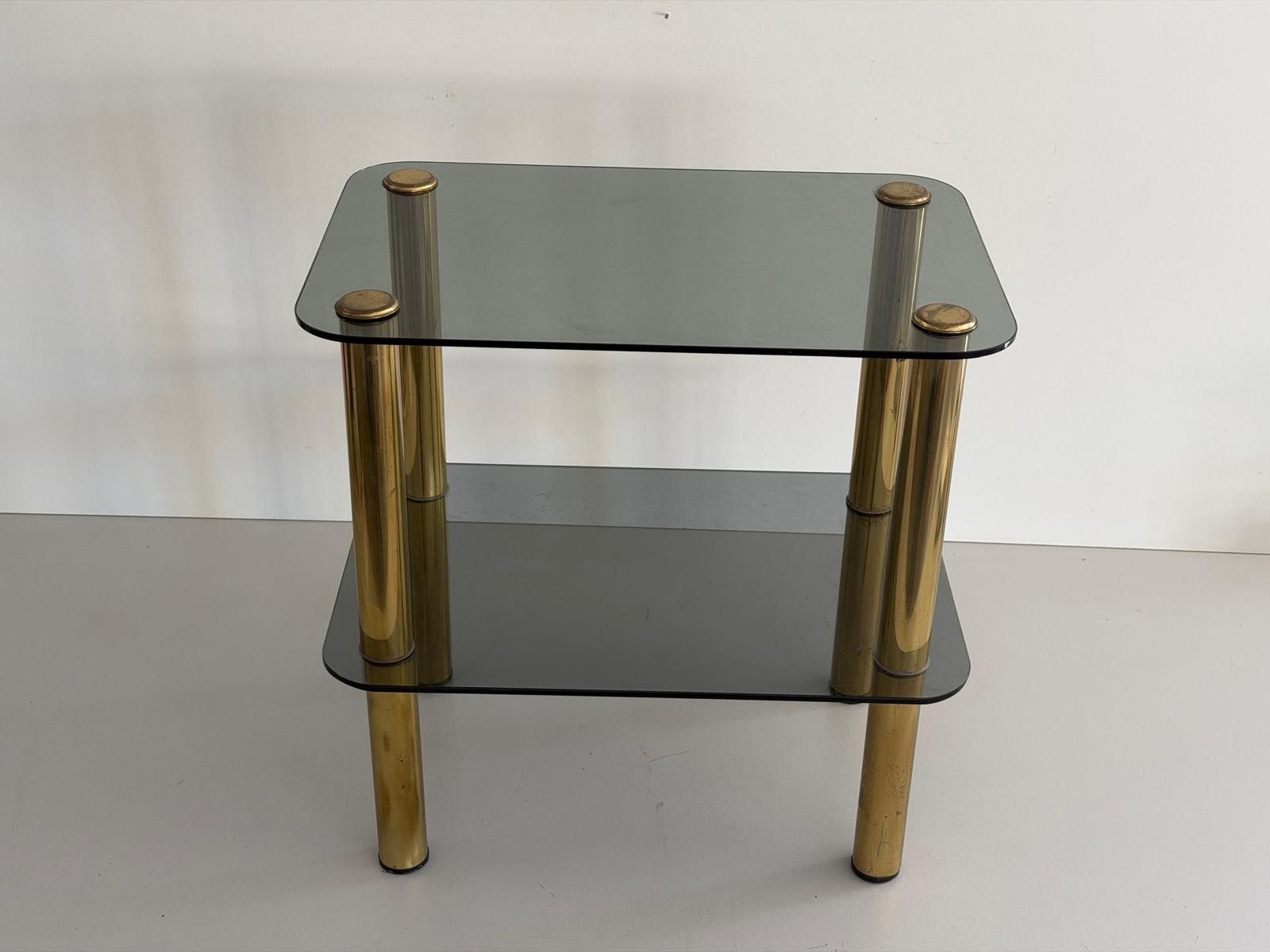 Mid Century Modern Greenish Thick Glass And Brass Legs Side Table, 1960s, Italy photo 1367.0