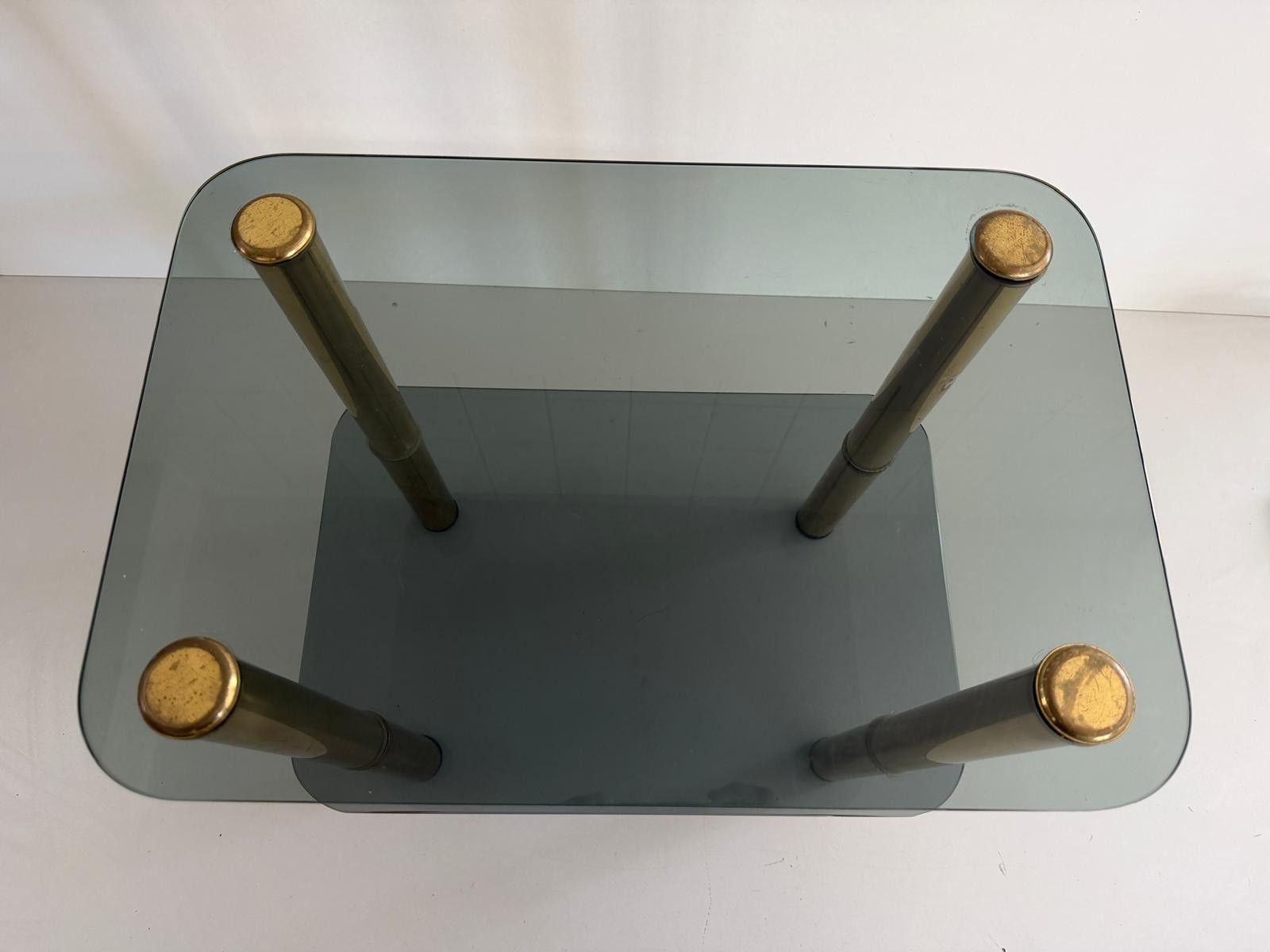 photo for sale Mid Century Modern Greenish Thick Glass And Brass Legs Side Table, 1960s, Italy