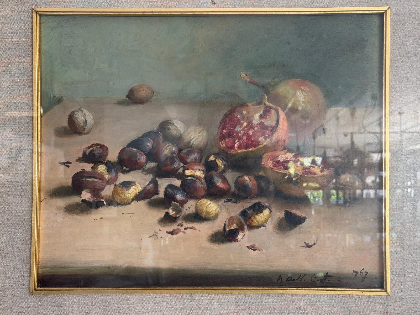 Still Life With Pomegranates And Nuts Signed Oil Painting On Canvas, 1967, Italy photo Art