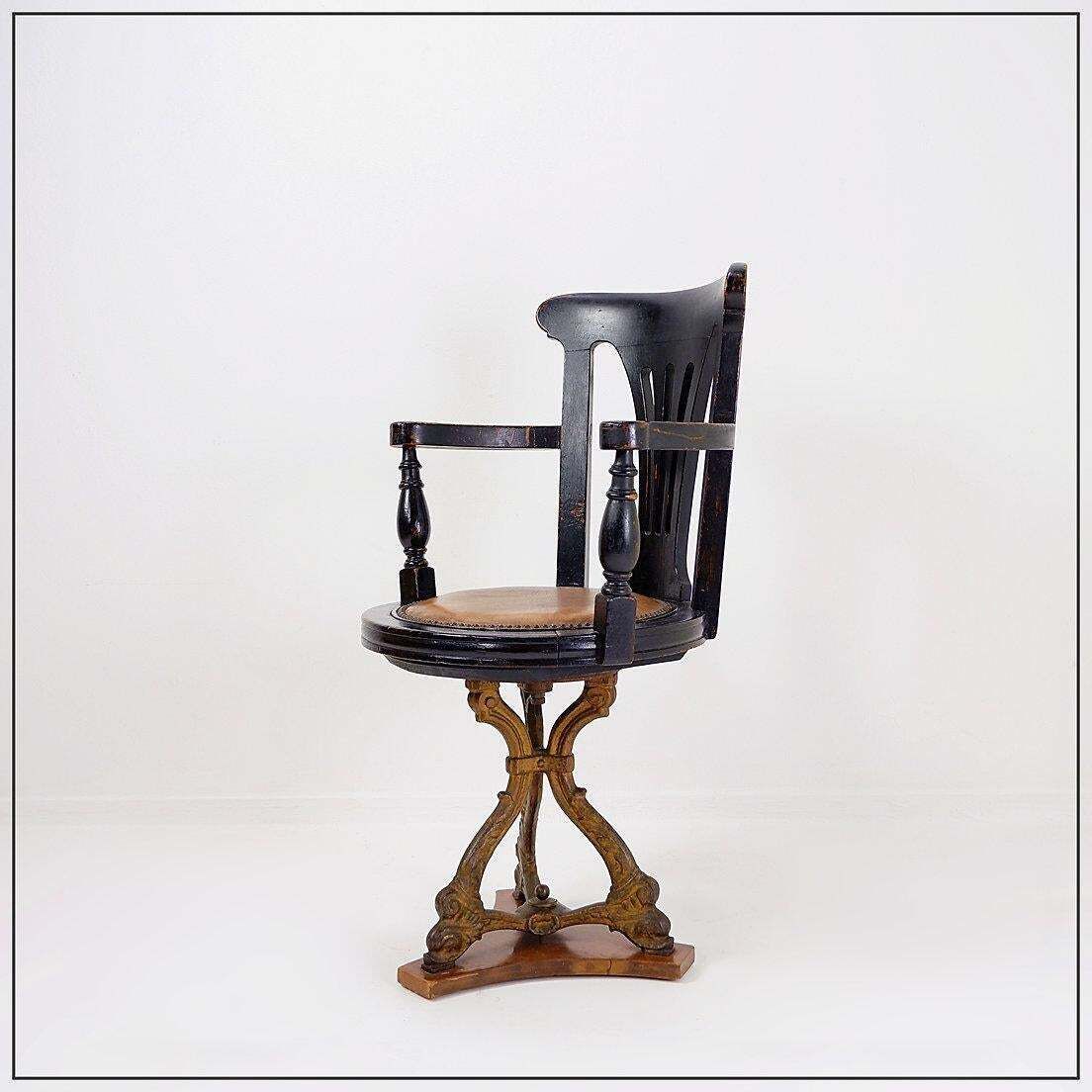 19th Century Black Stained Oak Liner Ship's Swivel Chair photo vintage