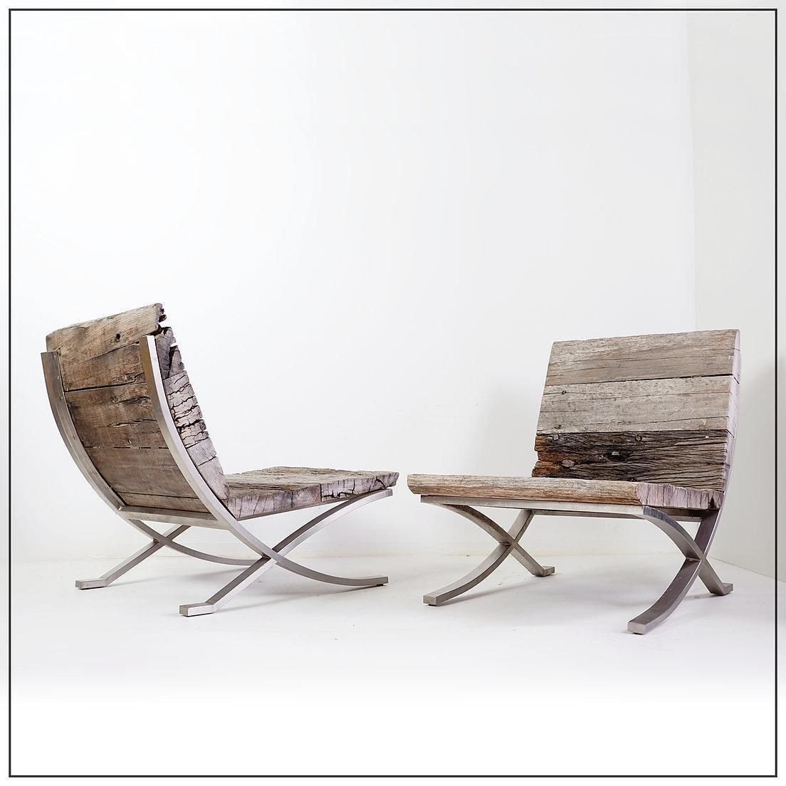 Brutalist Lounge Chairs, Polished Chrome And Wood, 20th Century, Pair photo furniture