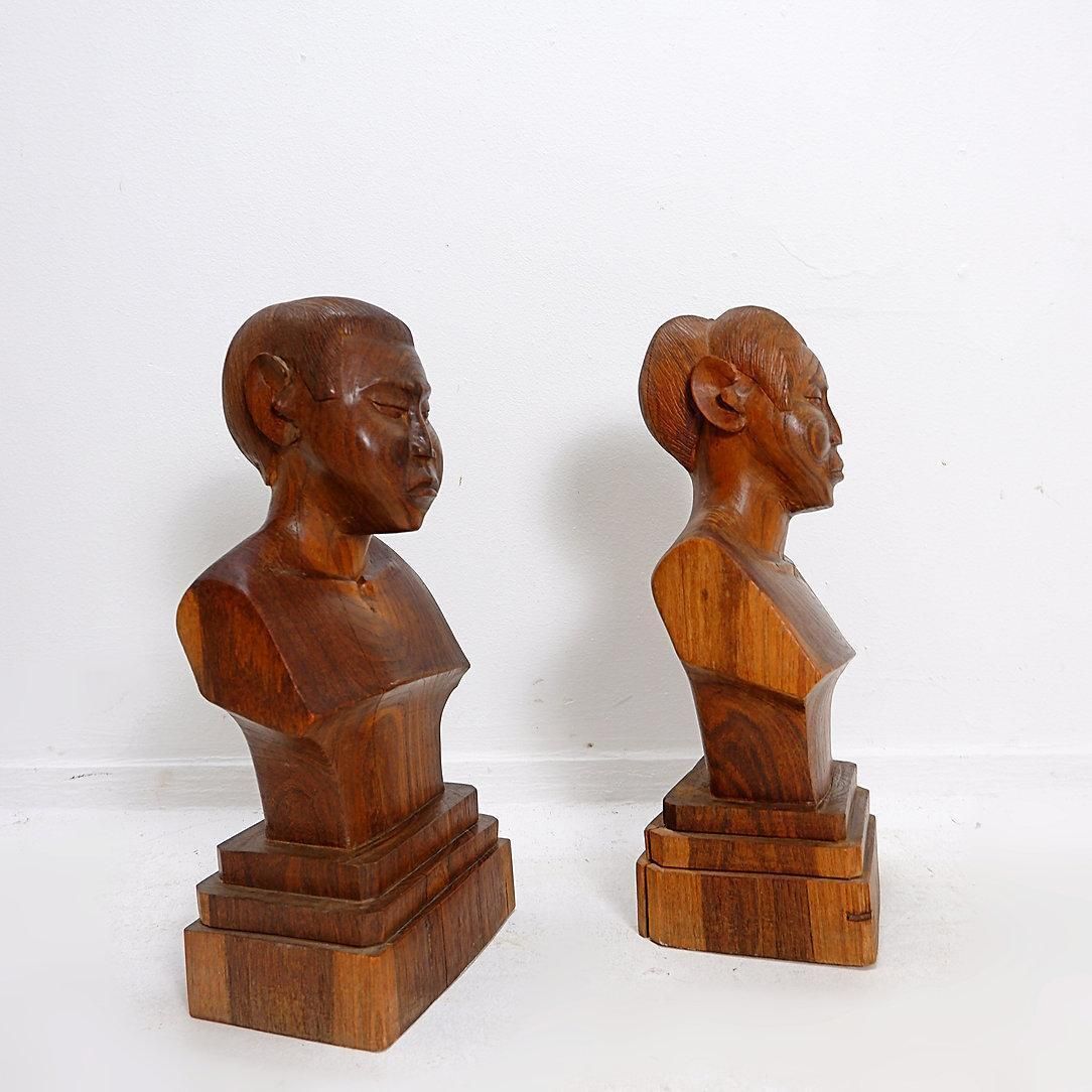 Pair Of Hand Carved Wooden Woman/Man Bust Statues   20th photo for sale
