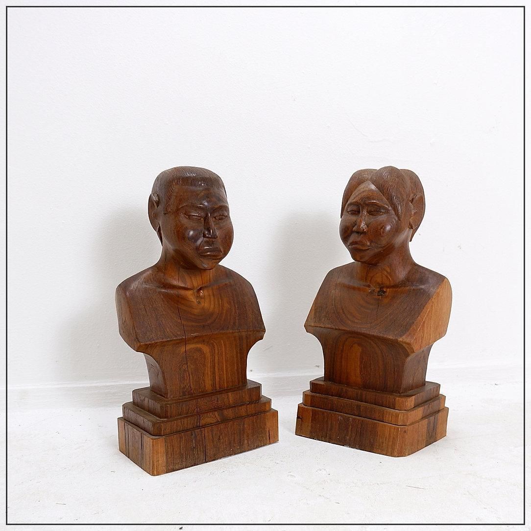 Pair Of Hand Carved Wooden Woman/Man Bust Statues   20th photo 510.0