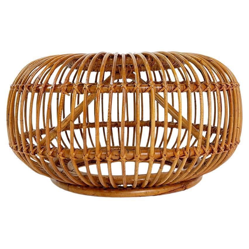 Mid Century Modern Vintage Rattan Pouf In The Style Of Albini 1960s