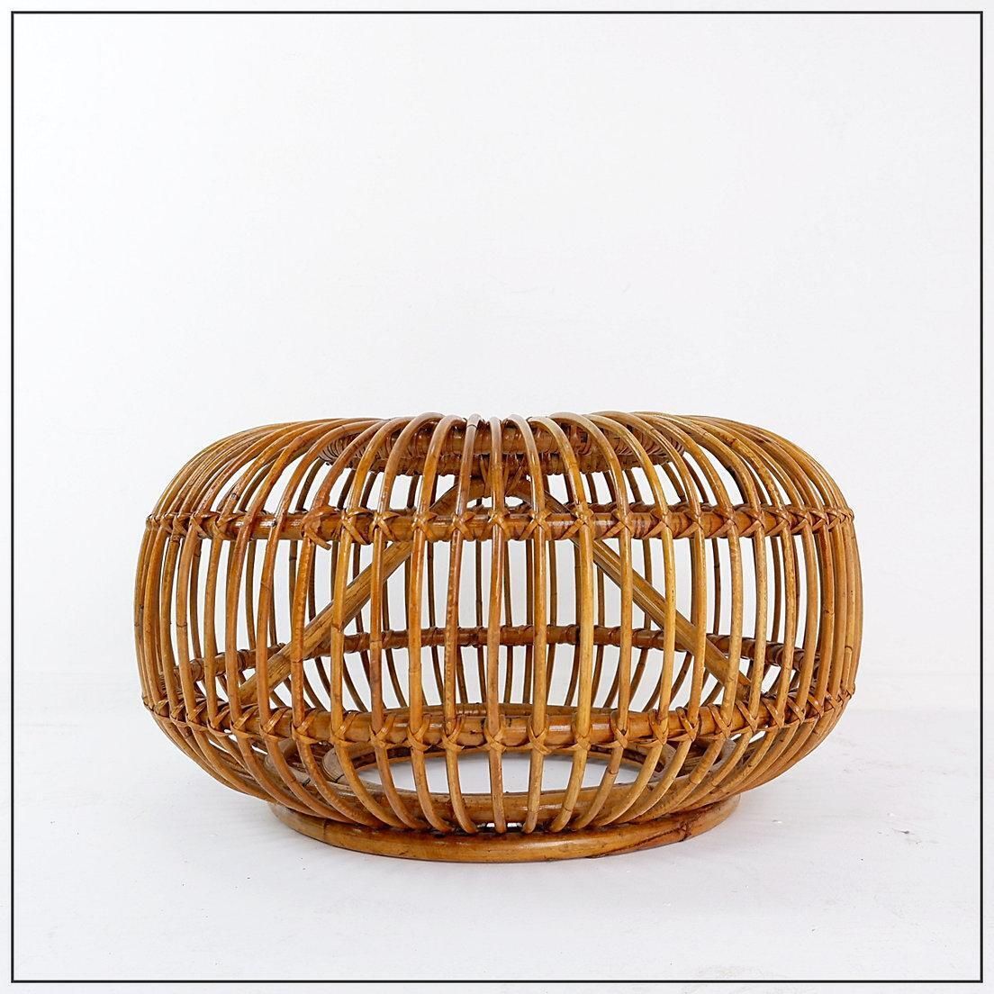 Furniture Mid Century Modern Vintage Rattan Pouf In The Style Of Albini 1960s photo
