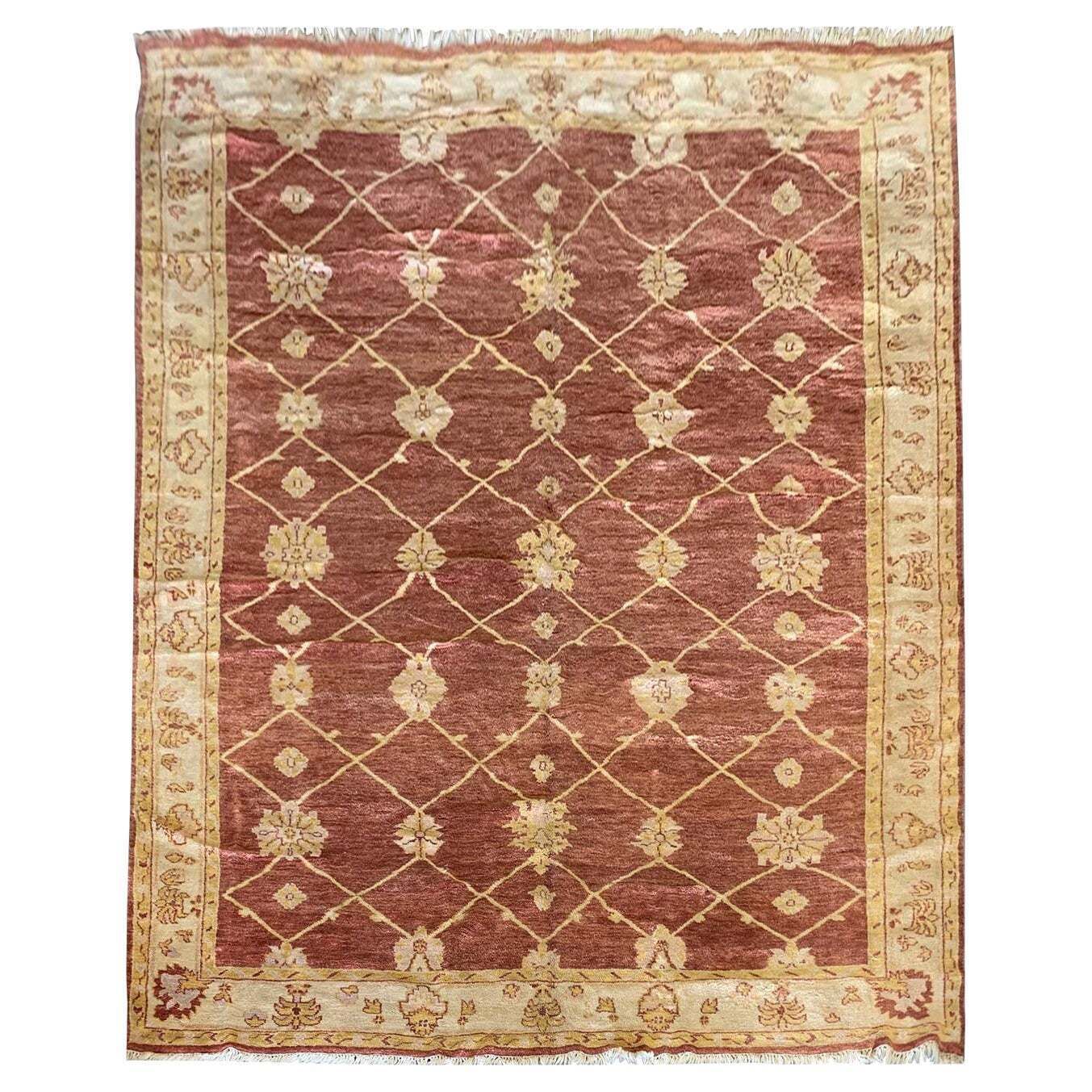 Indiase Ziegler vloerkleed, handgeknoopt wollen tapijt, rood beige, vintage 1990