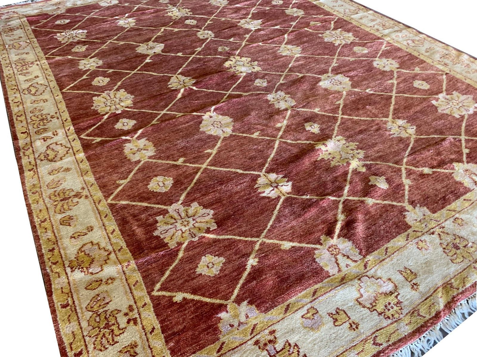 Indian Ziegler Rug, Hand Knotted Wool Carpet, Red Beige, Vintage 1990 photo furniture
