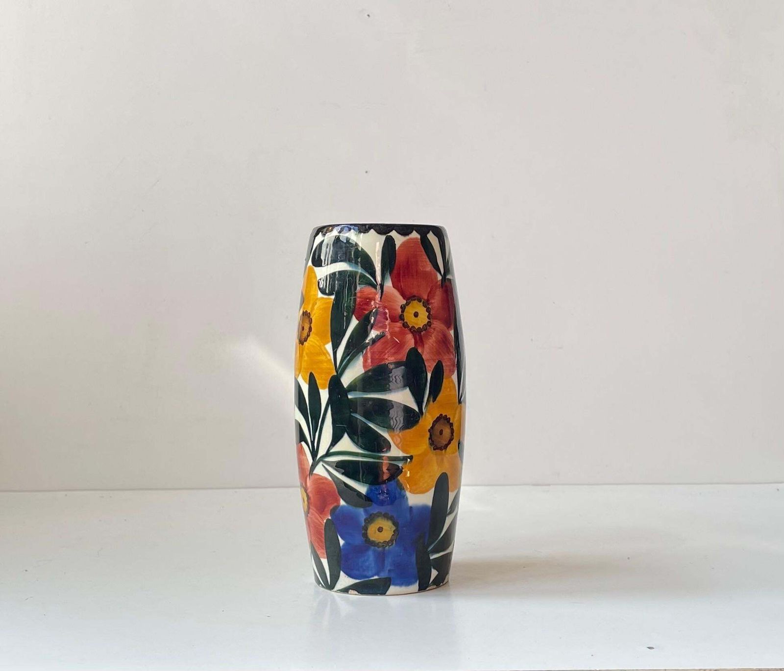 Glazed Ceramic Art Deco Vase With Flowers By Schramberg Germany, 1920s photo for sale