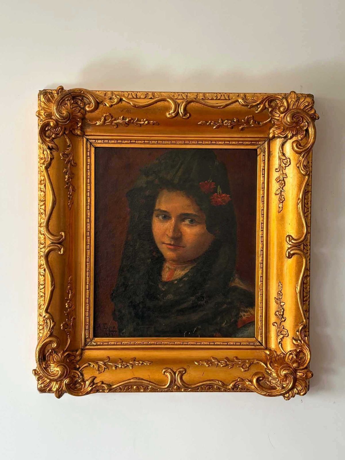 Antique 1904 Portrait Painting Signed Agnes Eger, Original Oil Painting With Ornate Gold Frame, Victorian Style Art, Moody Dark Painting