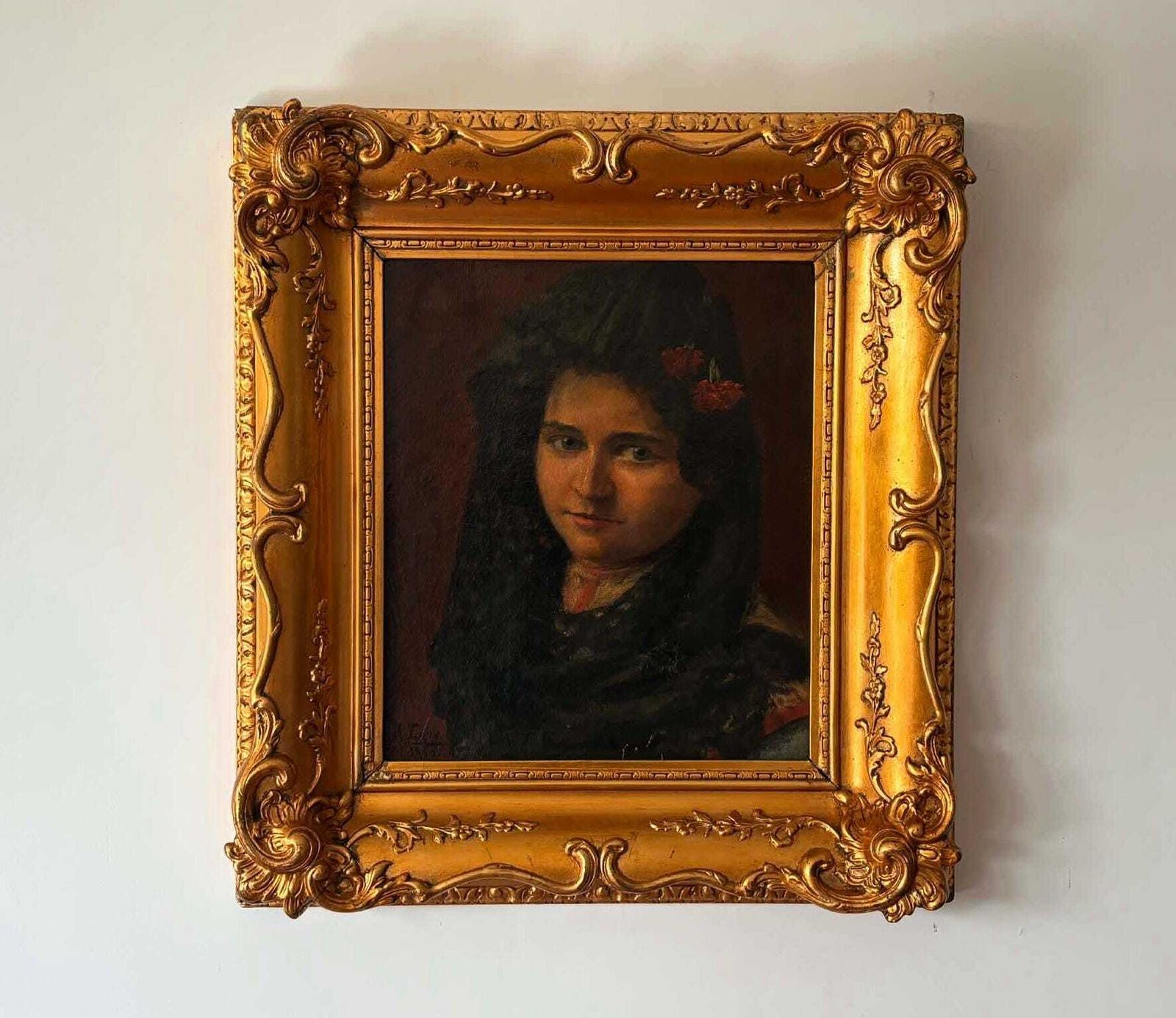 Antique 1904 Portrait Painting Signed Agnes Eger, Original Oil Painting With Ornate Gold Frame, Victorian Style Art, Moody Dark Painting photo furniture