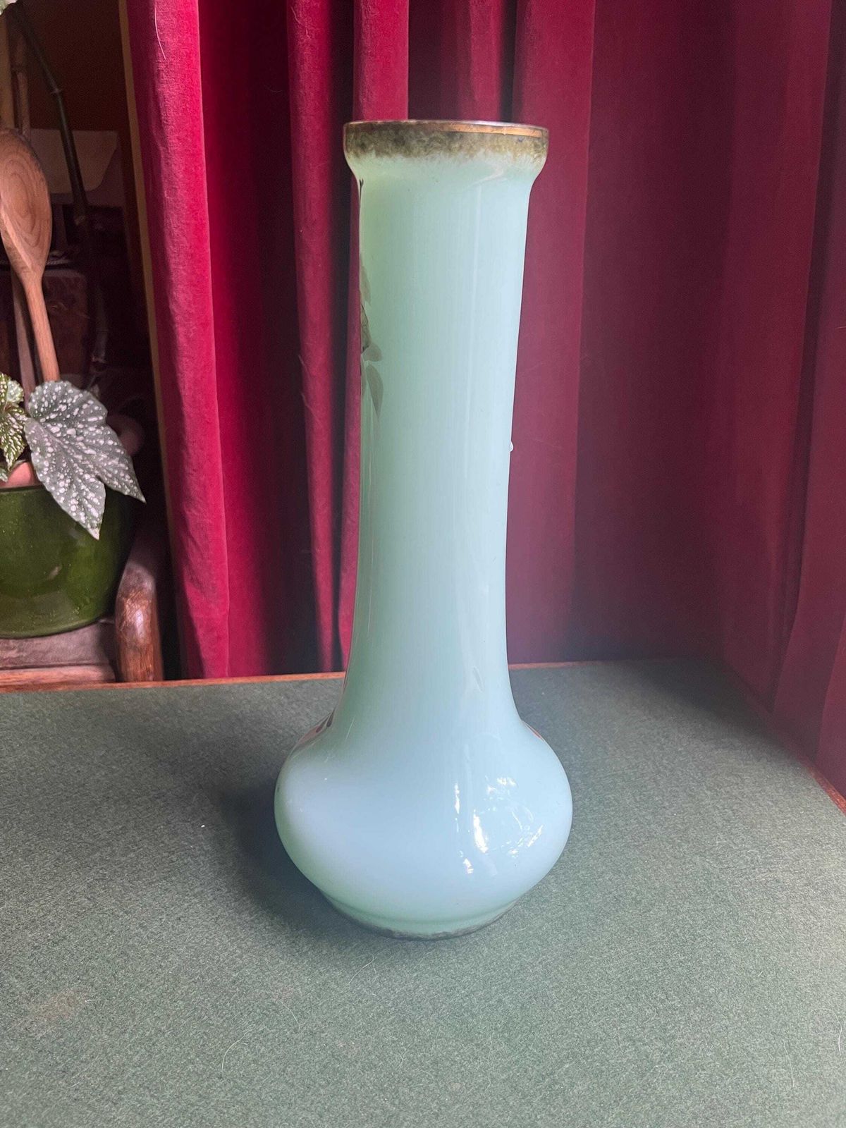 Antique Uranium Glass Hand Painted Enamel Floral Vase. Harrach Bohemian Glass Tall Decorative Vase. photo for sale