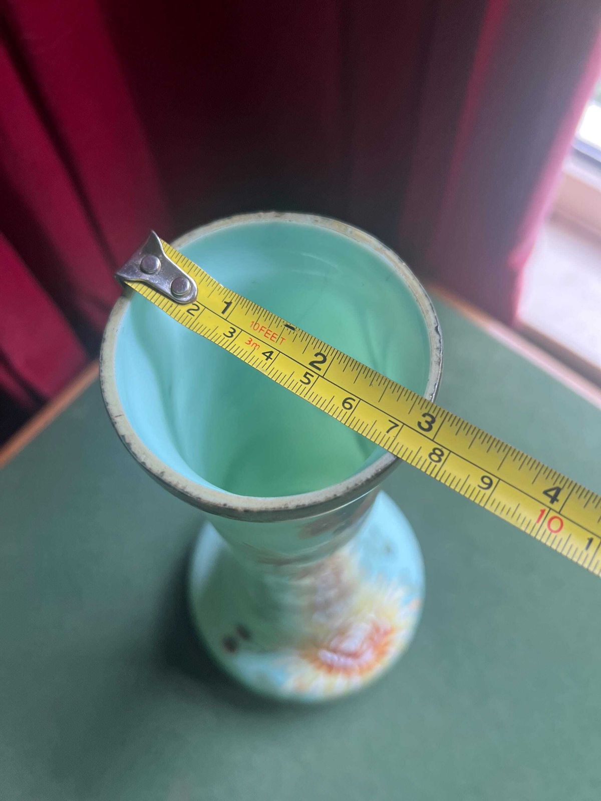 Antique Uranium Glass Hand Painted Enamel Floral Vase. Harrach Bohemian Glass Tall Decorative Vase. photo vintage
