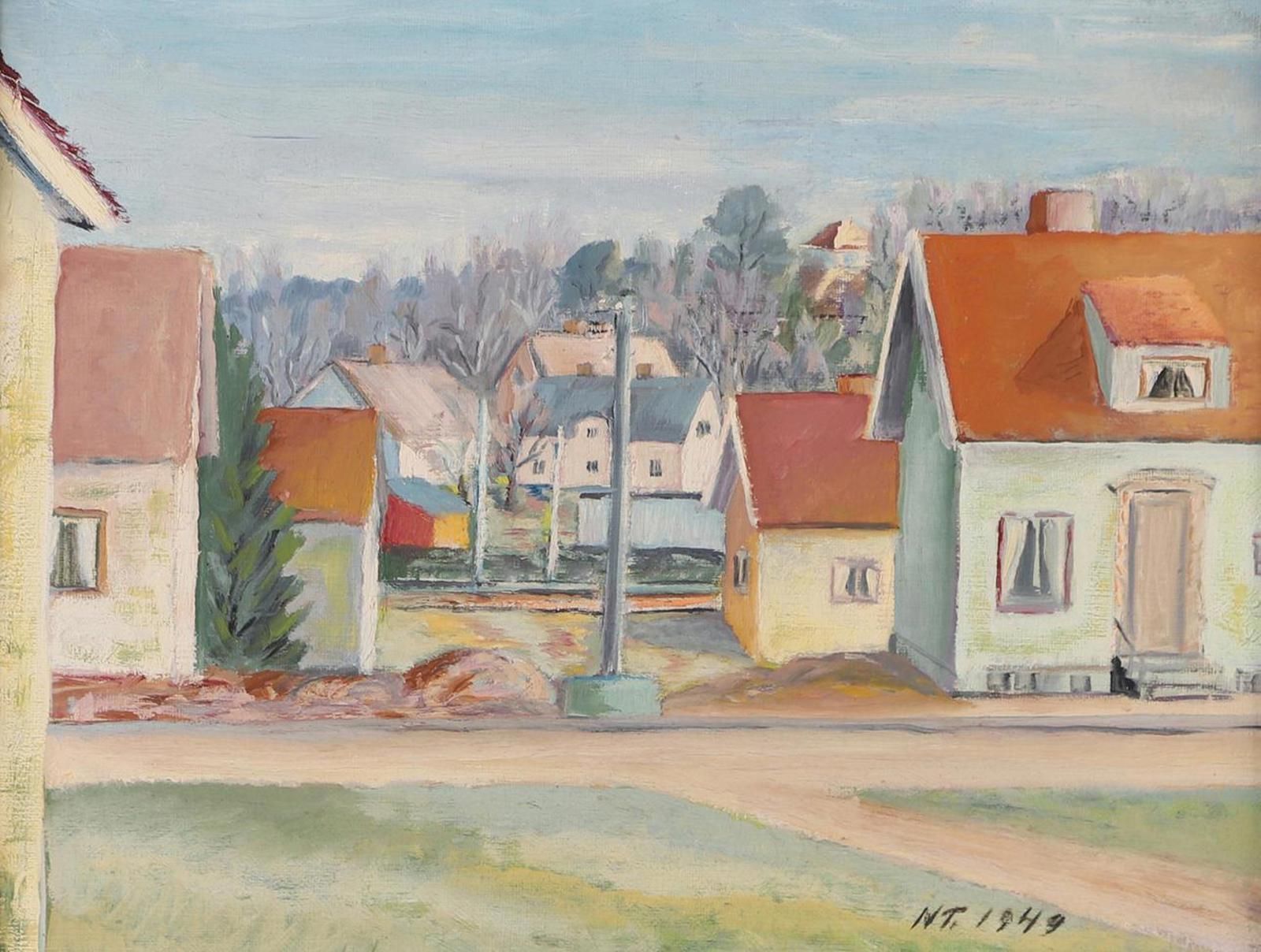 Original| Mid Century Oil On Canvas – “Village Street With Houses” By N.T. – Dated 1949 – Vintage & Framed – 37 × 44 Cm (14.6" × 17.3") photo furniture