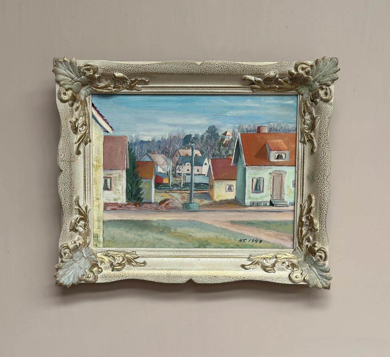 photo for sale Original| Mid Century Oil On Canvas – “Village Street With Houses” By N.T. – Dated 1949 – Vintage & Framed – 37 × 44 Cm (14.6" × 17.3")