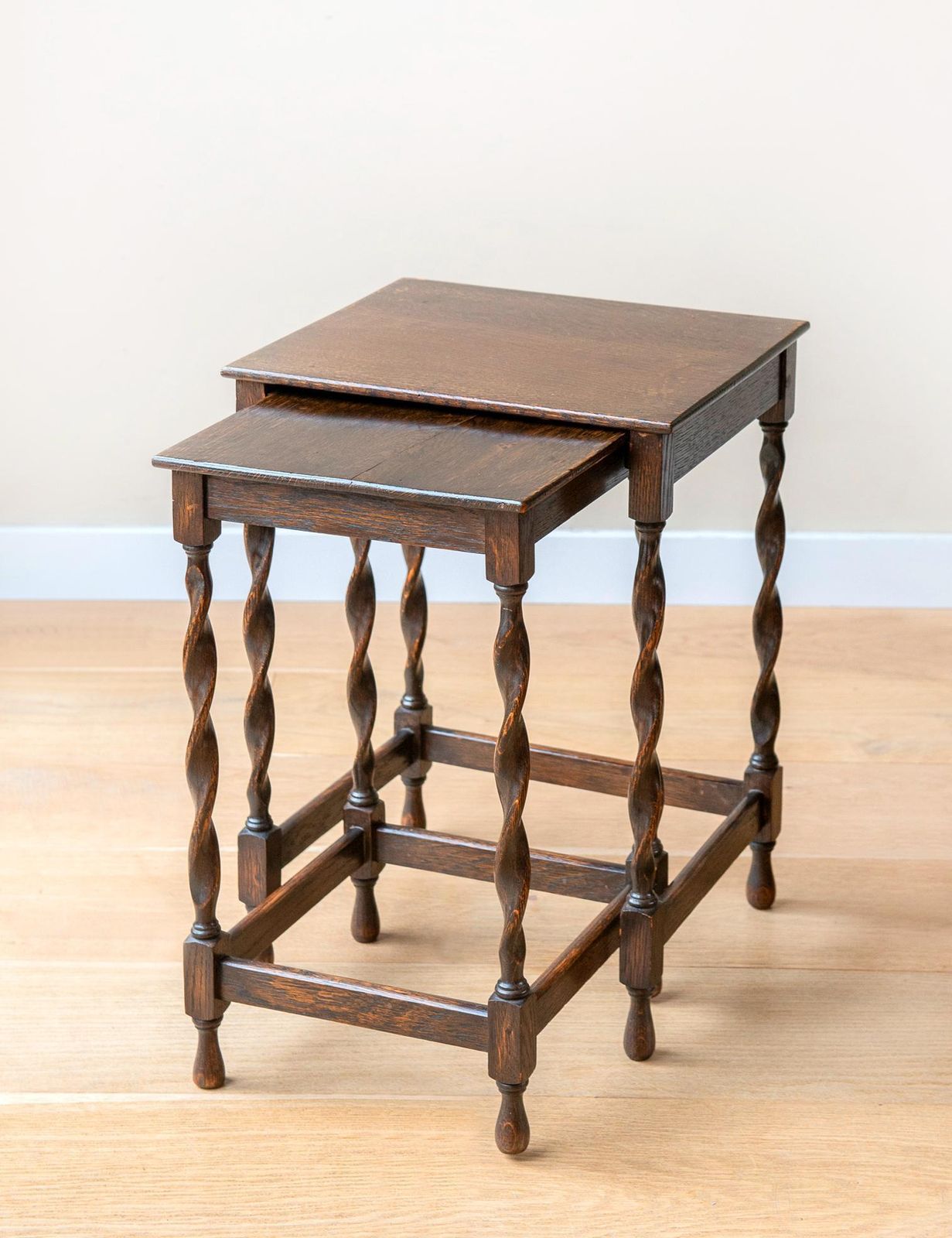 Antique Oak Barley Twist Nesting Tables   Rustic Side Tables   Vintage Occasional Tables With Turned Legs   Set Of 2 photo furniture