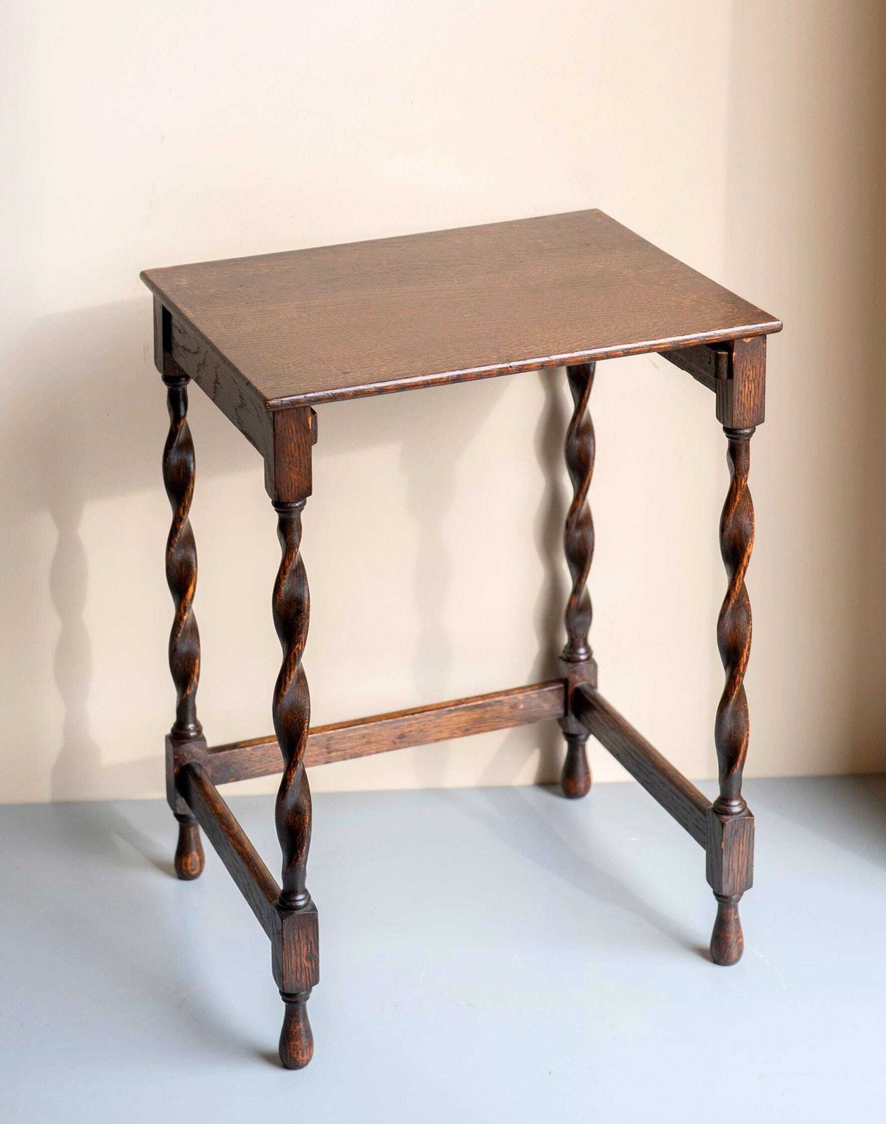 Antique Oak Barley Twist Nesting Tables   Rustic Side Tables   Vintage Occasional Tables With Turned Legs   Set Of 2 photo vinterior