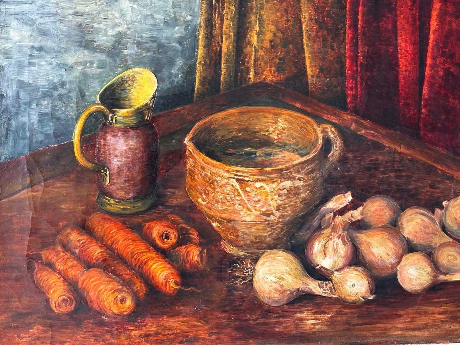 Antique Still Life Oil Painting With Pitcher, Carrots And Onions, Old Rustic Kitchen Painting On Canvas photo furniture