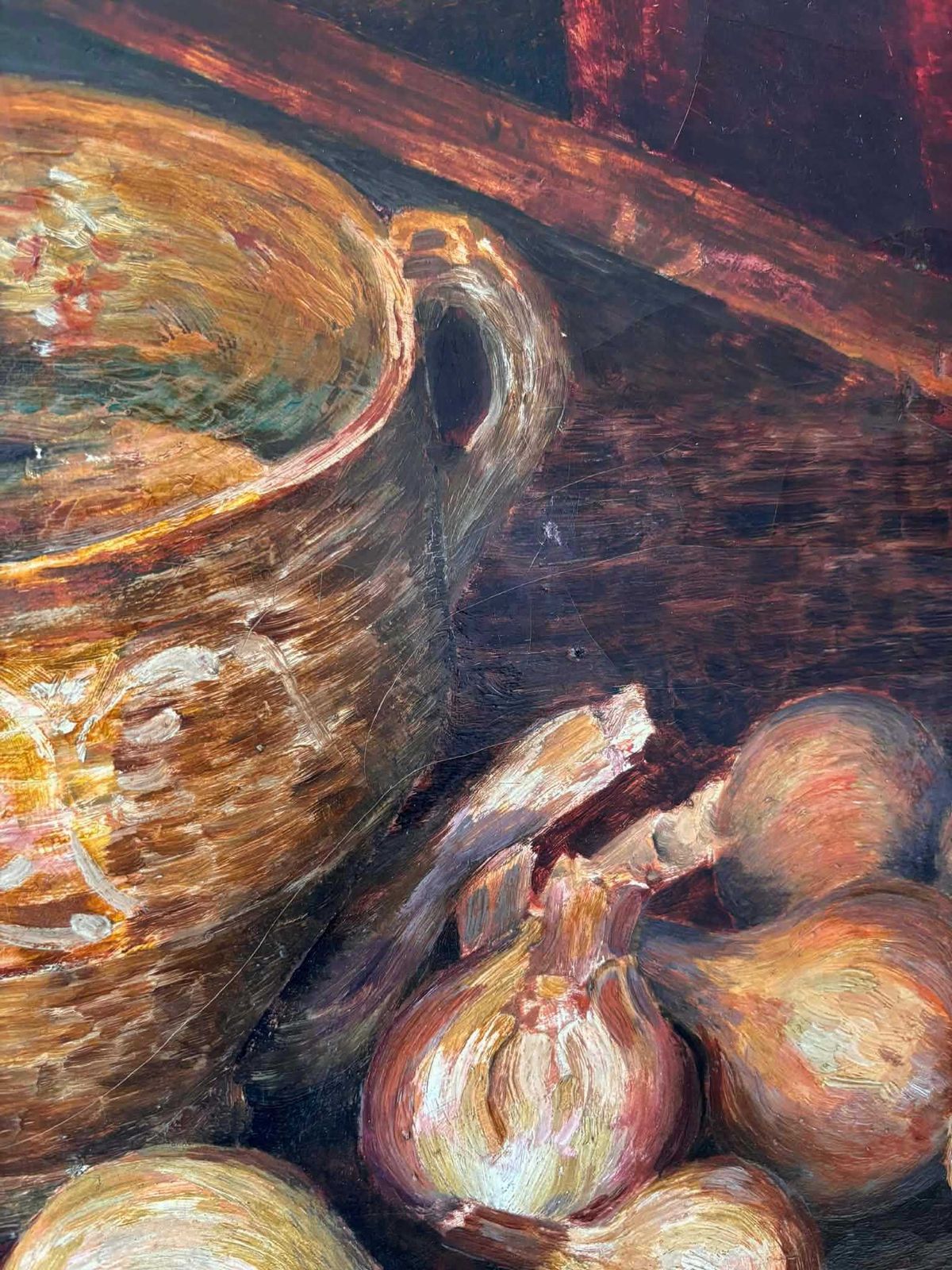 Antique Still Life Oil Painting With Pitcher, Carrots And Onions, Old Rustic Kitchen Painting On Canvas photo for sale