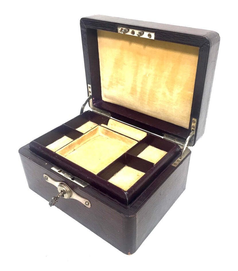 Antique Edwardian Leather Jewellery / Trinket Box With Key &Amp; Working Lock C.1910 photo furniture