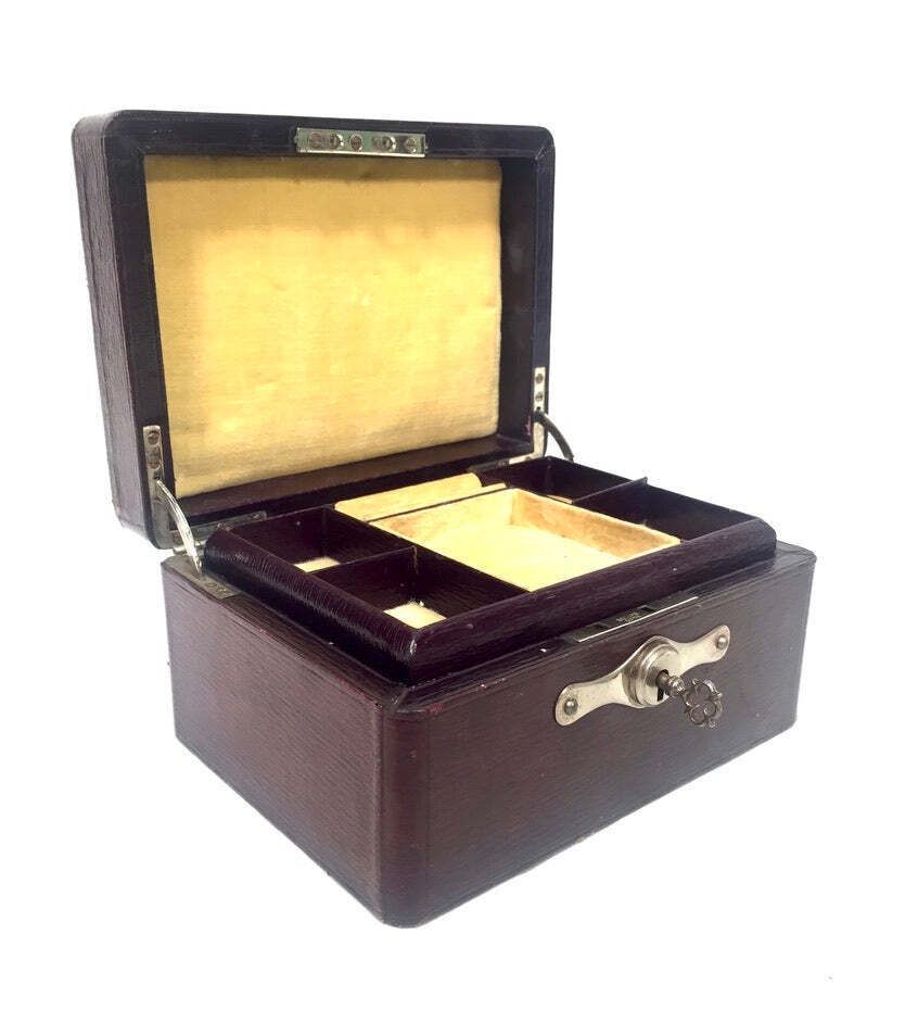 photo furniture Antique Edwardian Leather Jewellery / Trinket Box With Key &Amp; Working Lock C.1910
