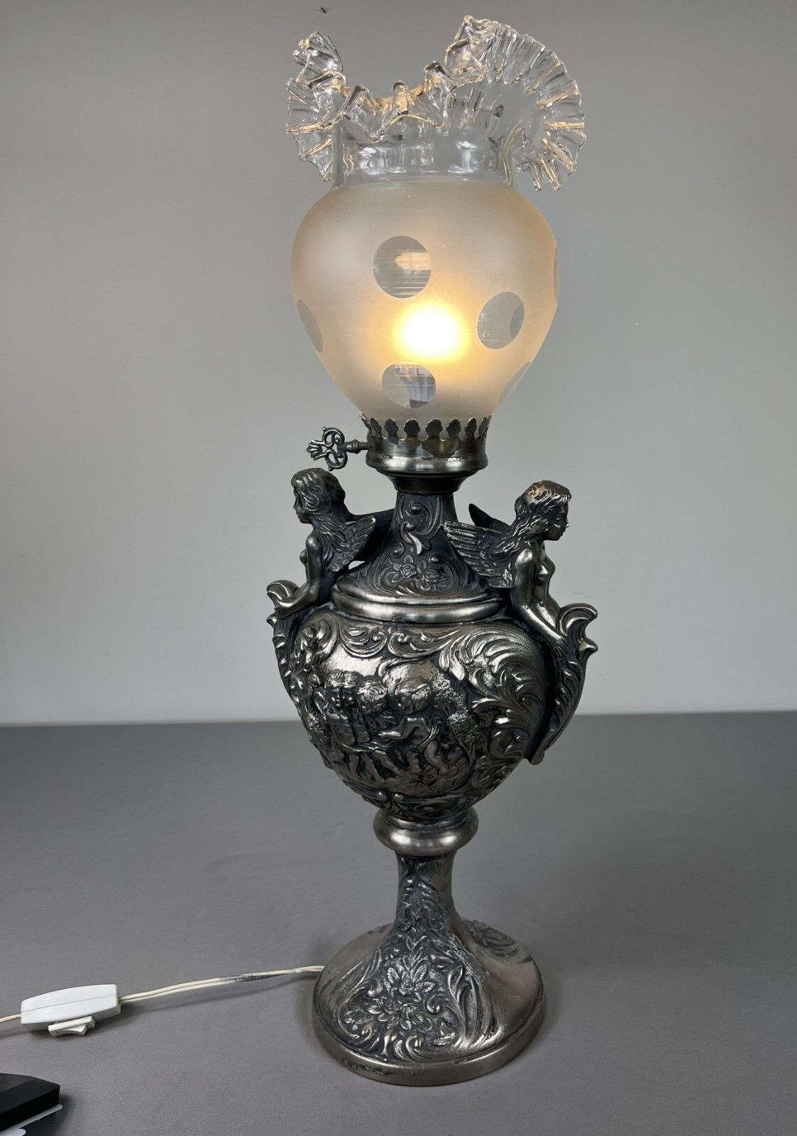Lamp Antique Style Pewter Angel Table Lamp Pleated Glass Shade Lot 5169 photo for sale