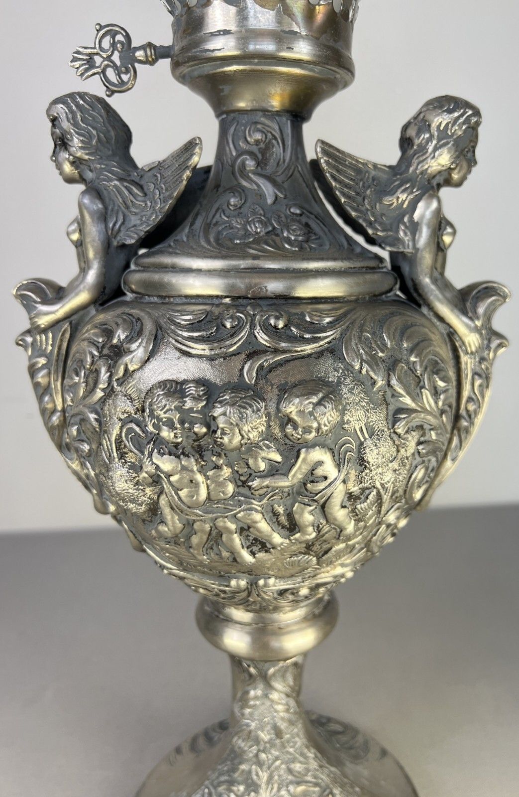 Lamp Antique Style Pewter Angel Table Lamp Pleated Glass Shade Lot 5169 photo vintage