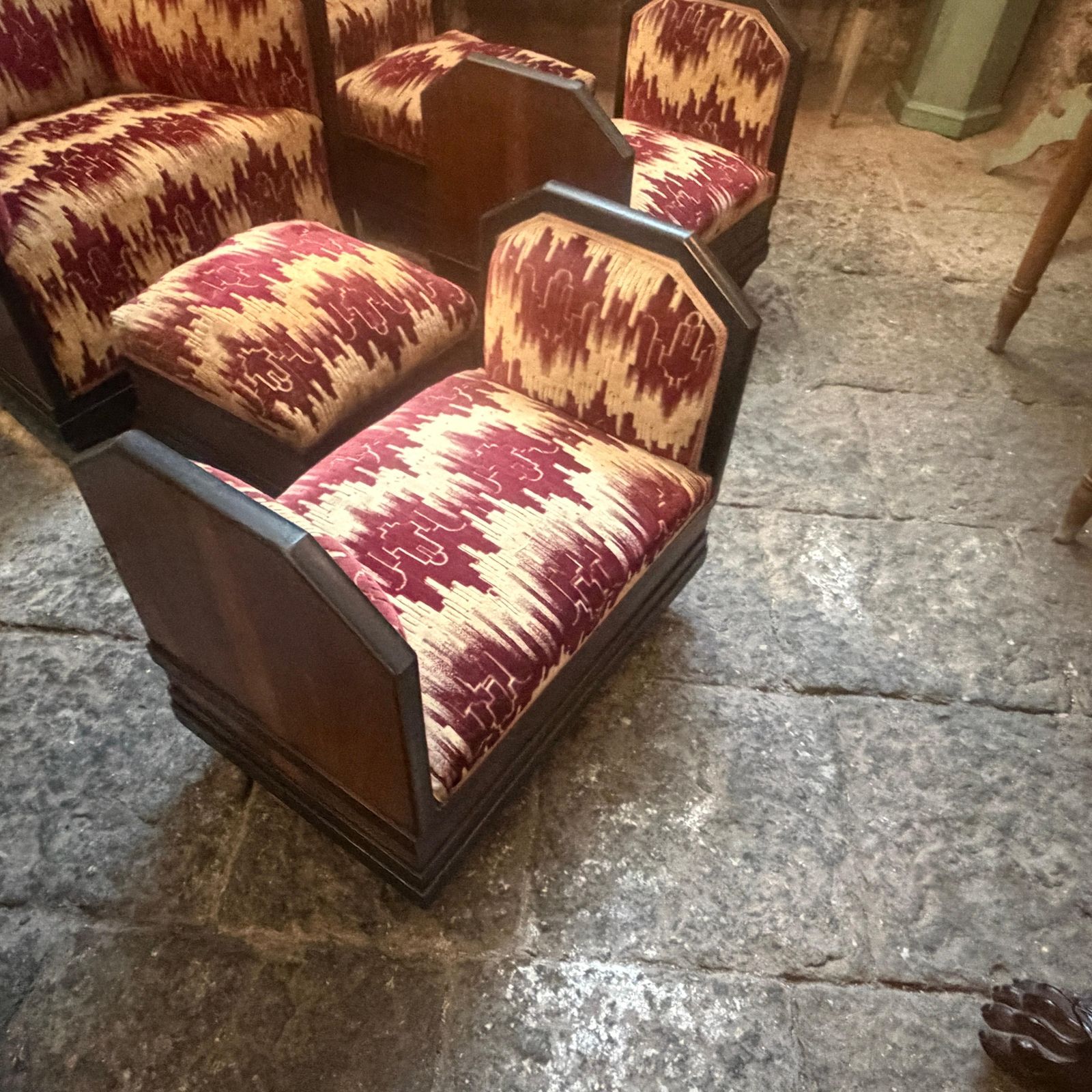 photo for sale An Italian 1930s Wood And Original Fabric 6 Pieces Living Room Set