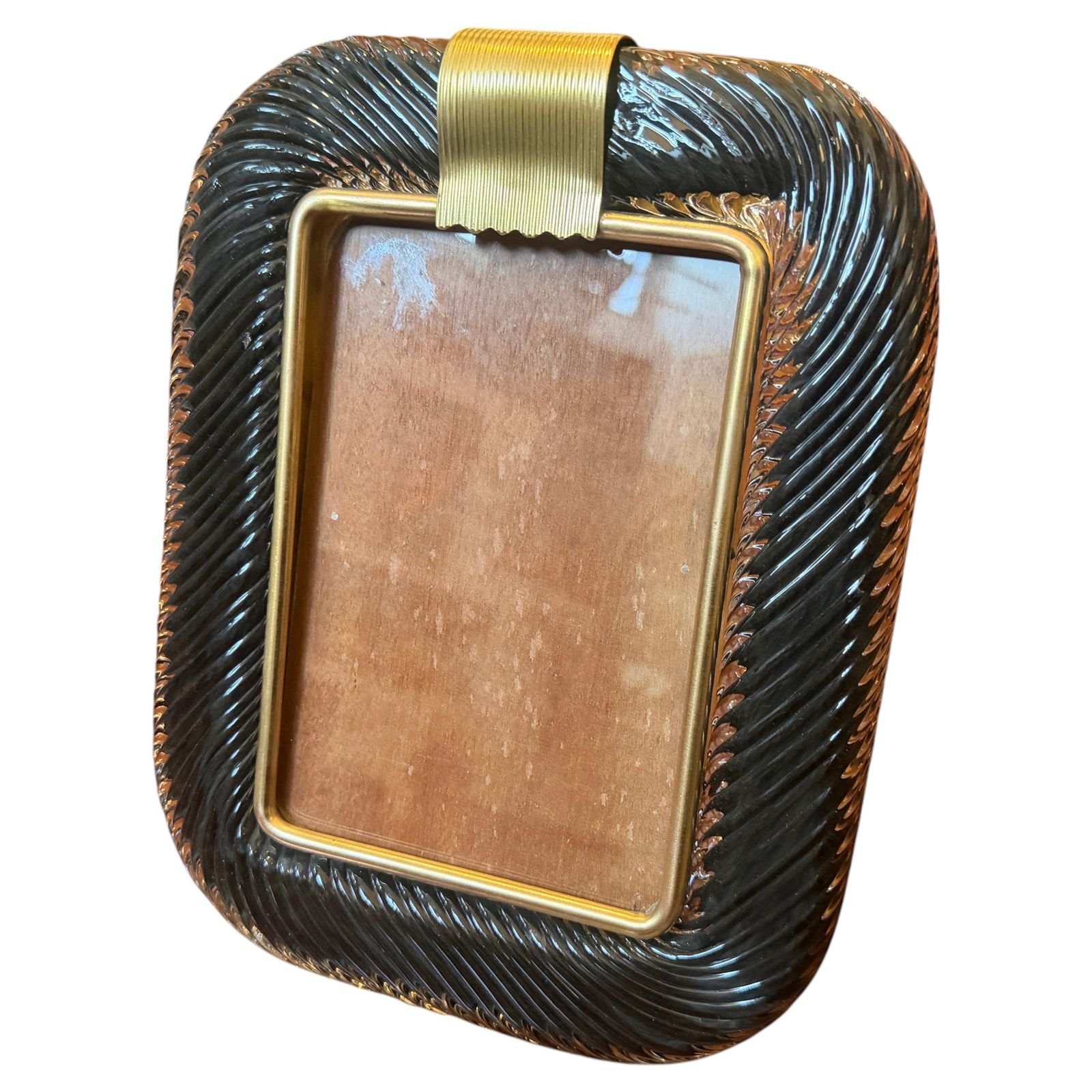 1990s Barovier Style Art Deco Black Murano Glass And Brass Picture Frame