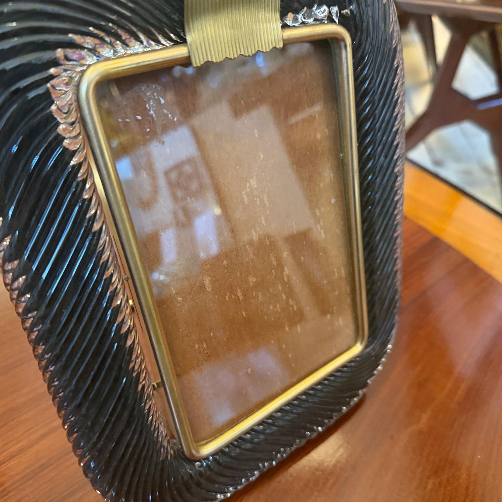1990s Barovier Style Art Deco Black Murano Glass And Brass Picture Frame photo vinterior