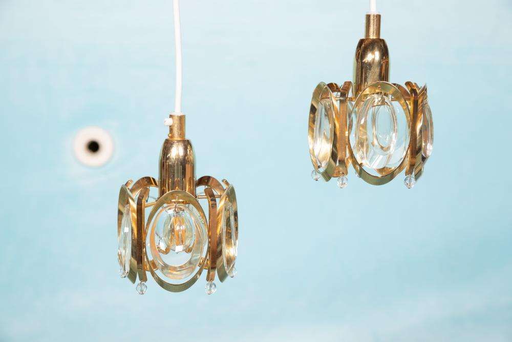 Vintage Messing & Kristal Palwa Hanglamp, Mid Century photo for sale