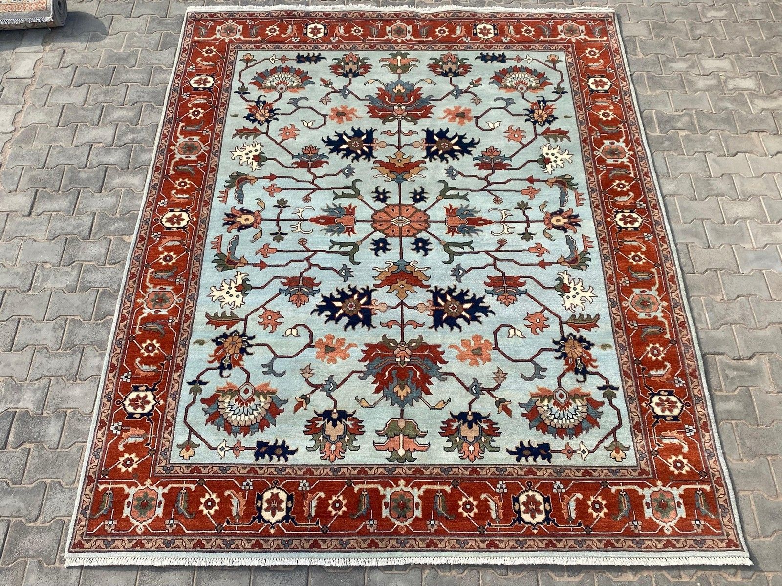 Tapis Oushak noué à la main 245 x 305 cm pour salon, motif floral bleu photo for sale