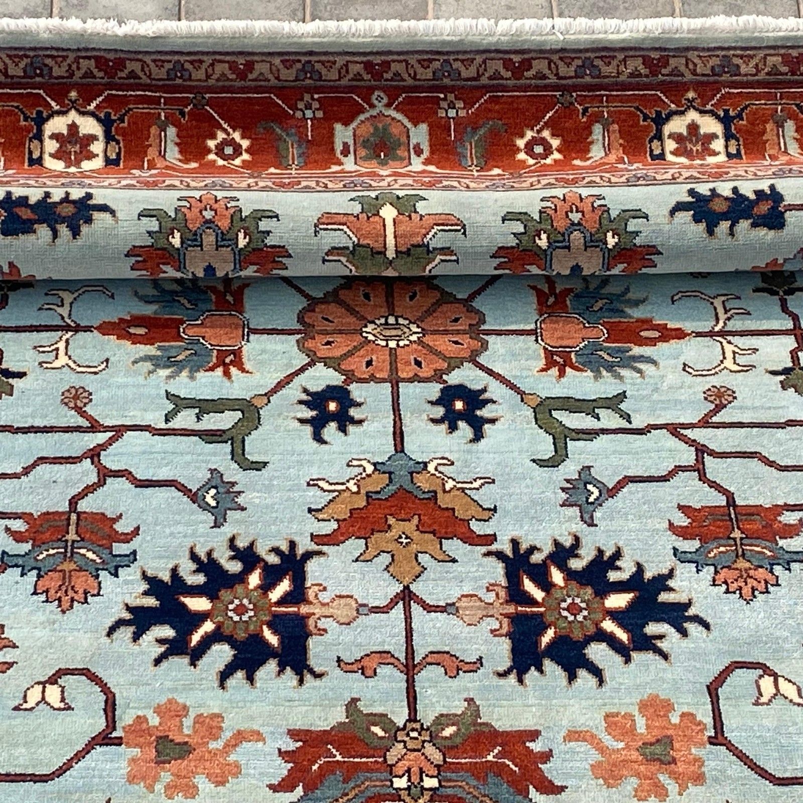 8x10 Ft Hand Knotted Oushak Area Rug For Living Room, Blue Floral Design Carpet photo vinterior