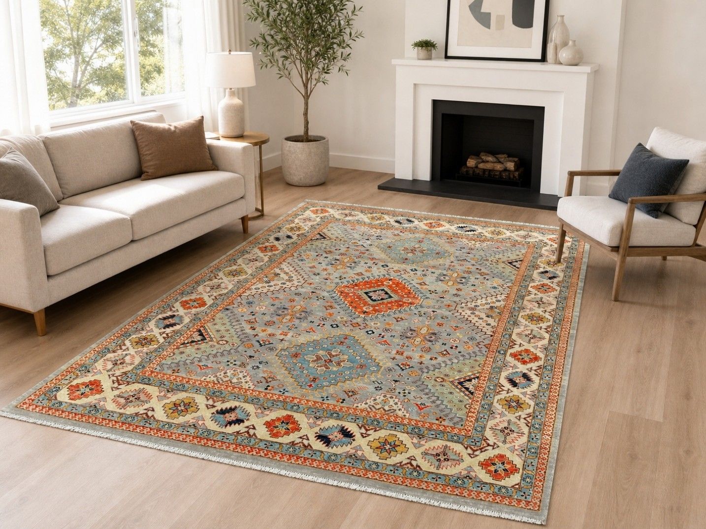Tapis en laine noué à la main, motif médaillon géométrique bleu, 245 x 305 cm (8 x 10 ft), moderne photo furniture