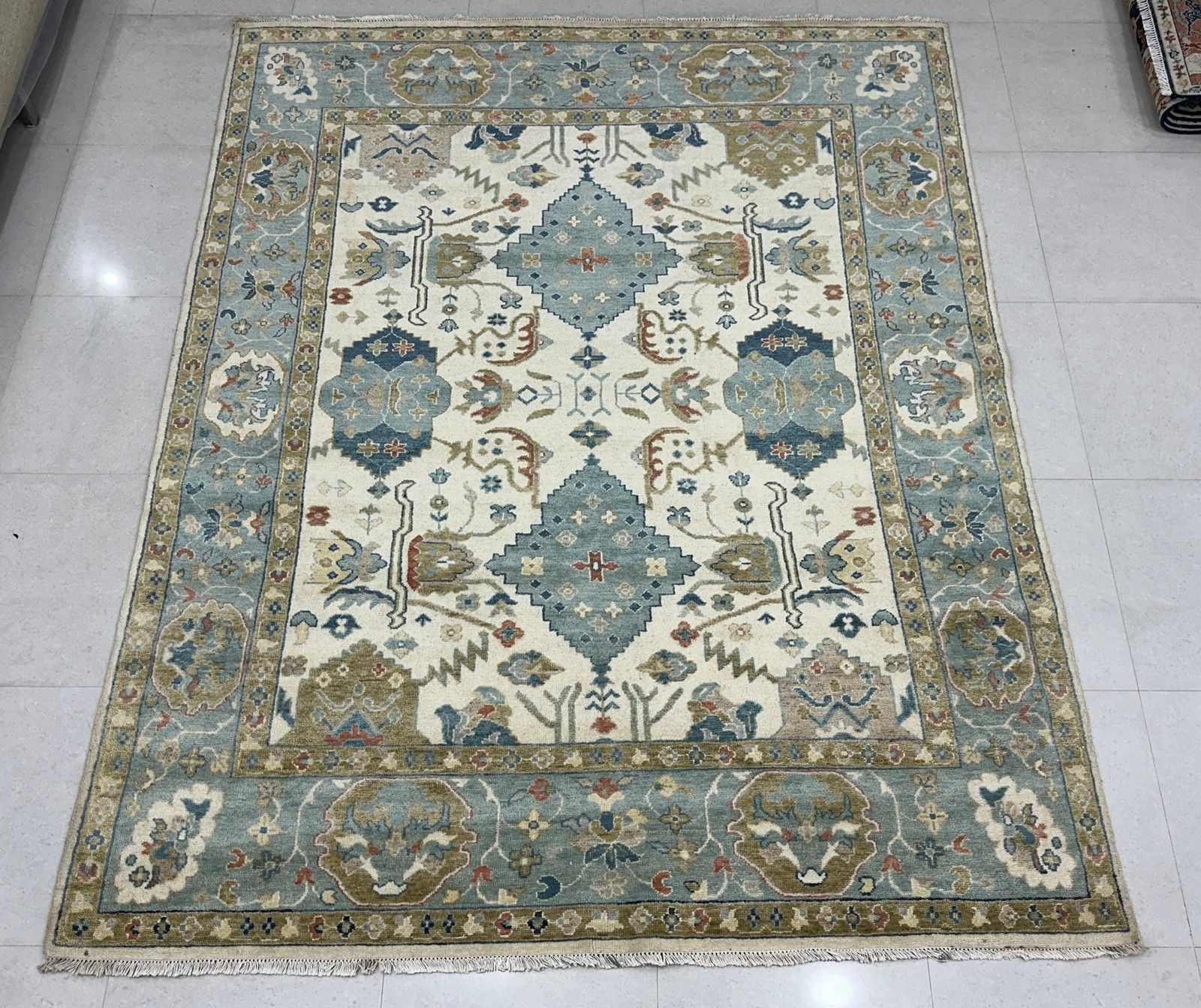 Tapis en laine fait main contemporain 8 x 10 ft, motif floral ivoire et bleu photo for sale