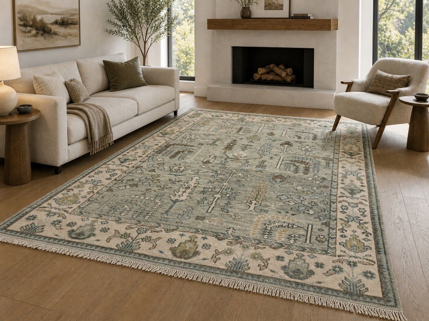 Tapis en laine Oushak moderne 8 x 10 ft, noué à la main, motif floral vert sauge photo furniture