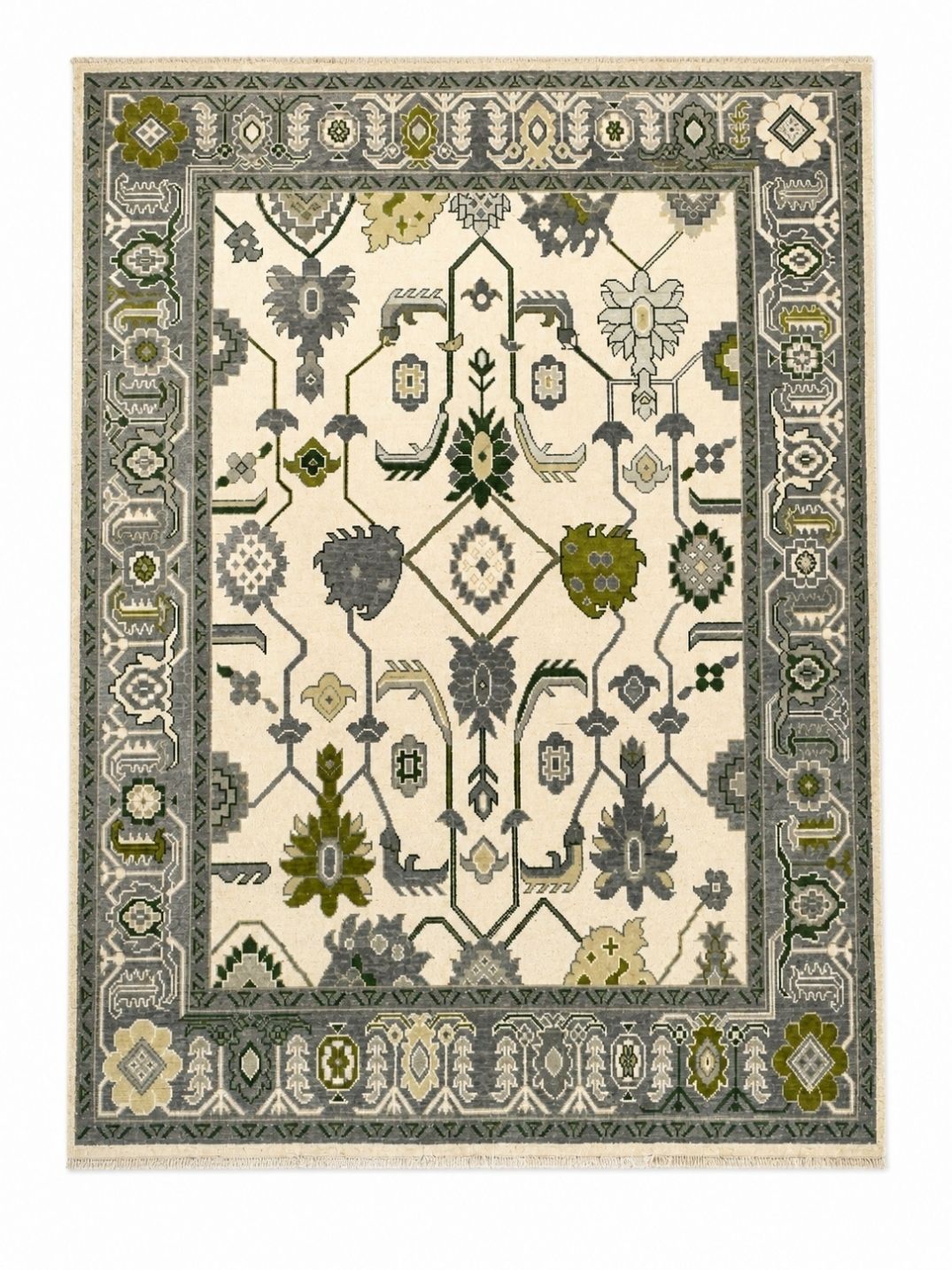 8x10 Ft Hand Knotted Oushak Wool Area Rug, Ivory, Green Floral Design Carpet