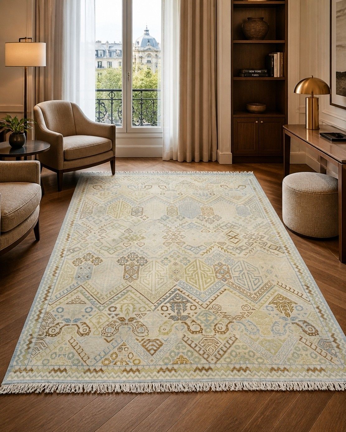 Tapis Oushak en laine noué à la main, 245 x 305 cm (8 x 10 ft). Motif géométrique beige photo furniture