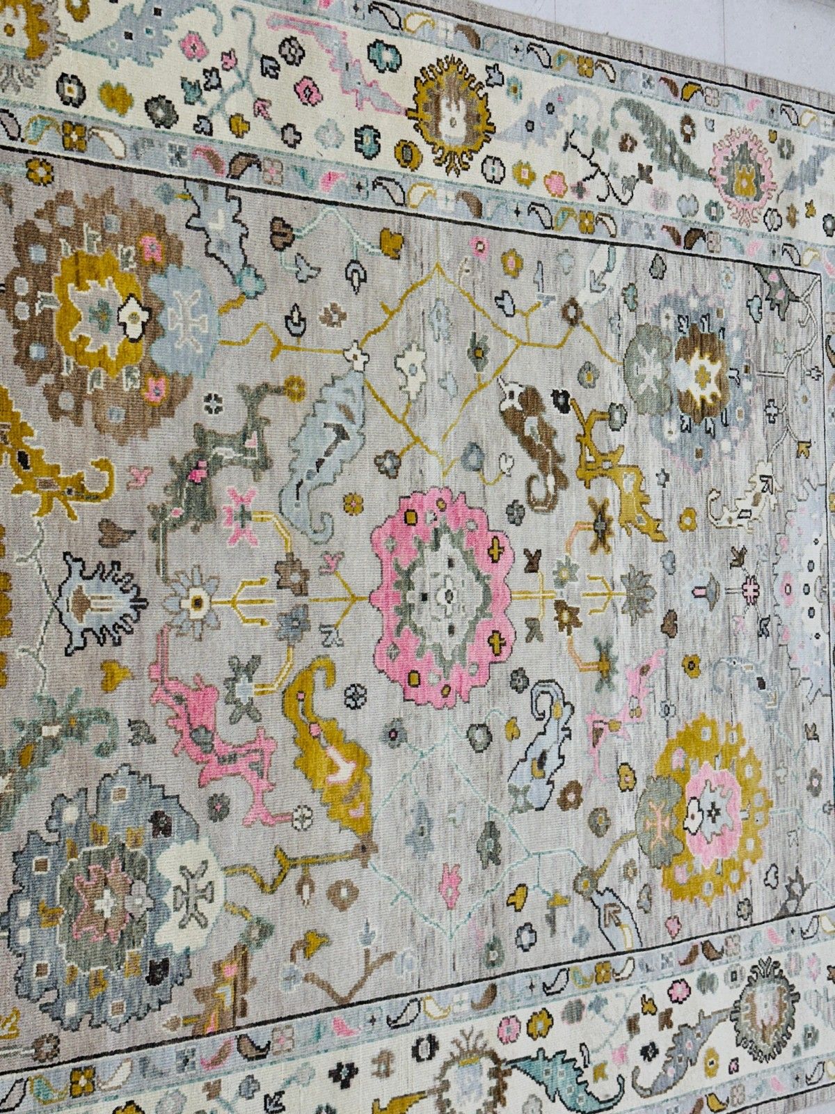 Tapis Oushak noué à la main 245 x 305 cm pour salon, motif floral ivoire photo Textiles