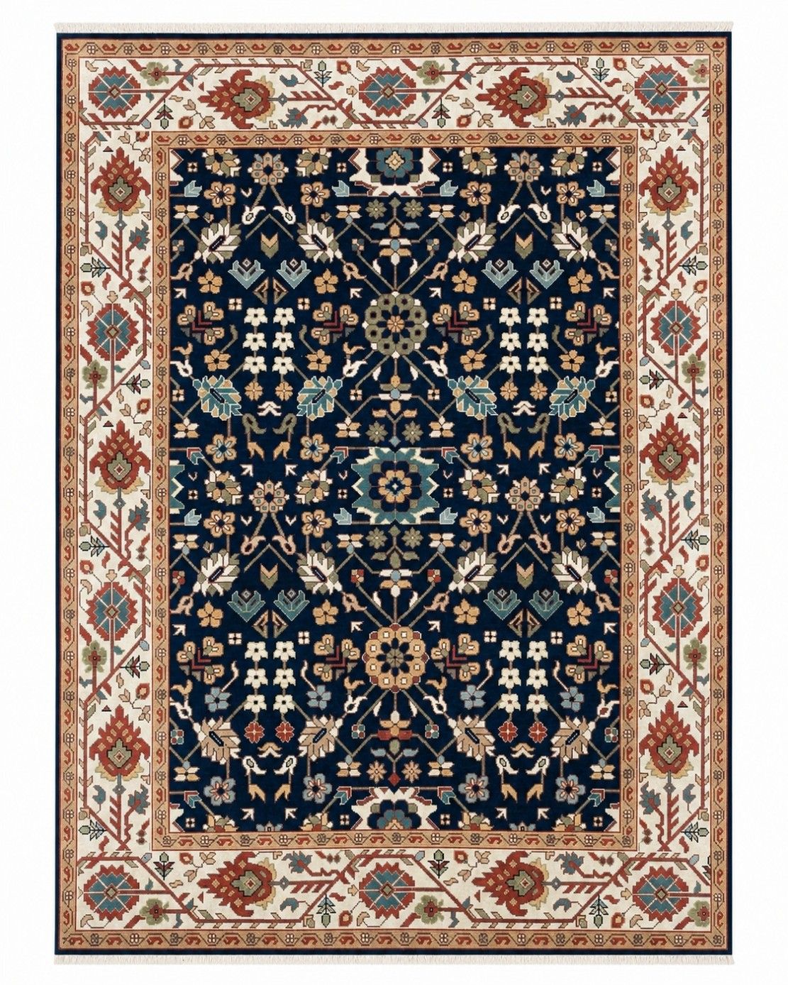 Tapis en laine contemporain fait main 8 x 10 ft, à motifs floraux bleu marine