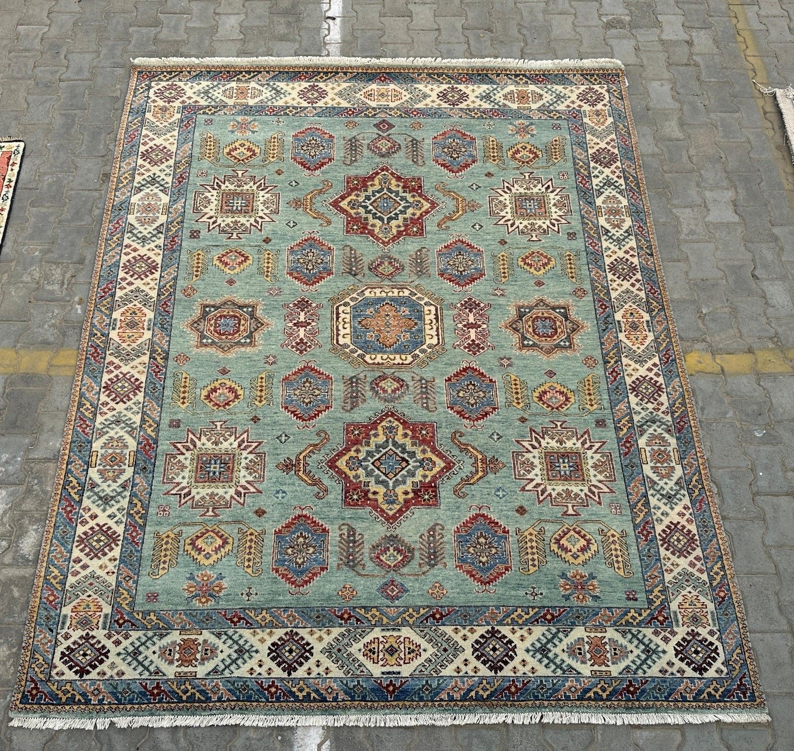 Handgeknoopt wollen vloerkleed 245 x 305 cm, turquoise geometrisch patroon photo for sale