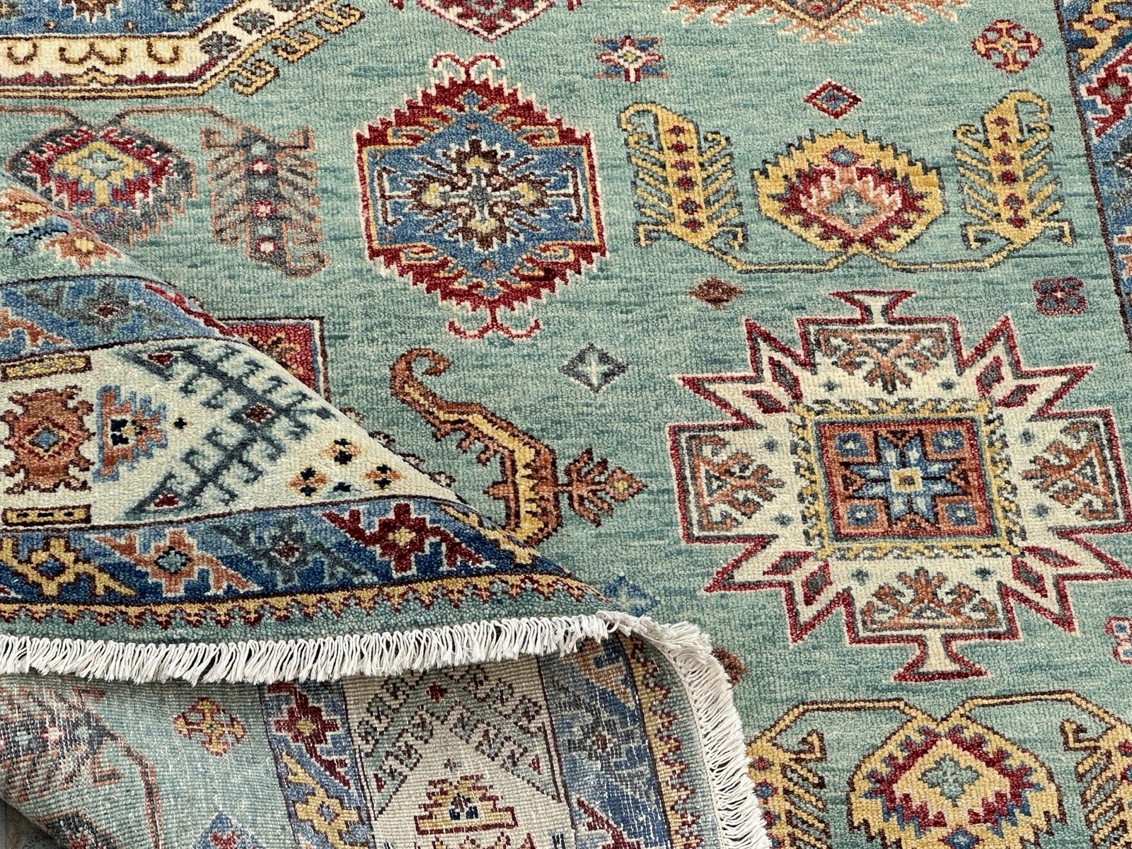 Handgeknoopt wollen vloerkleed 245 x 305 cm, turquoise geometrisch patroon photo vintage