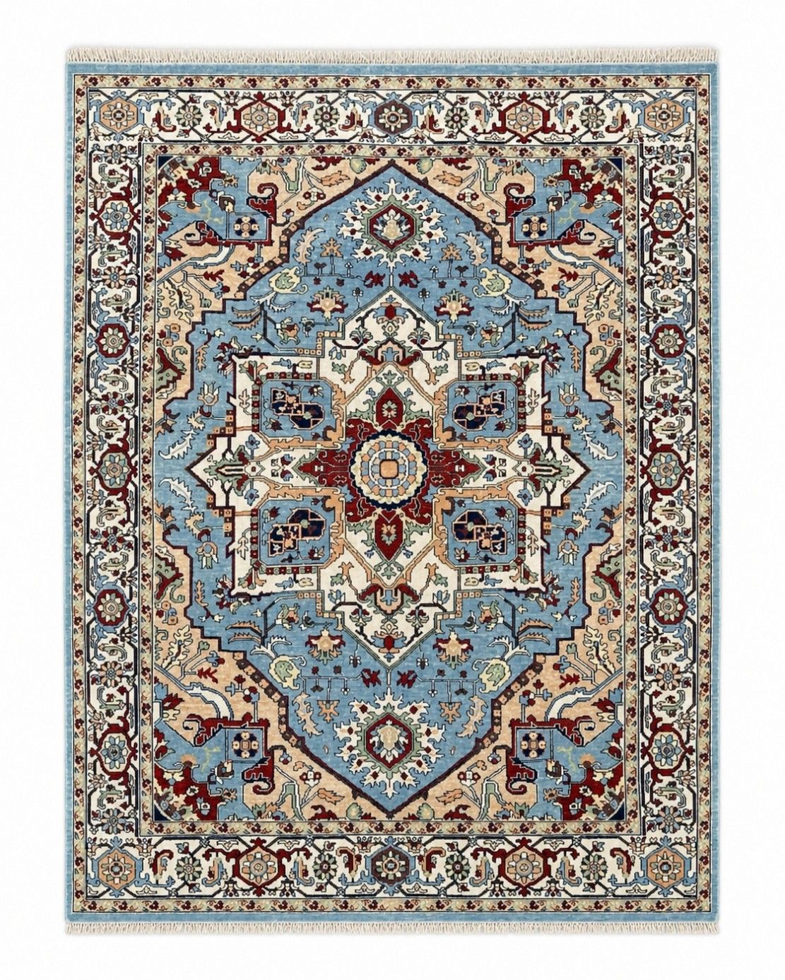 8x10 Ft Modern Handgeknoopt Wollen Vloerkleed, Blauw Geometrisch Medaillonontwerp Tapijt