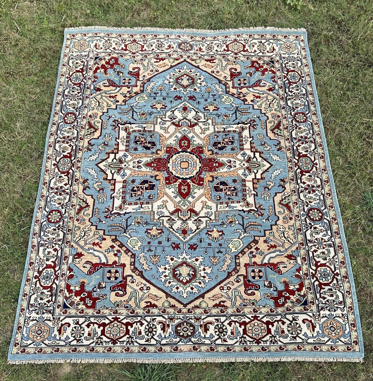8x10 Ft Modern Handgeknoopt Wollen Vloerkleed, Blauw Geometrisch Medaillonontwerp Tapijt photo for sale