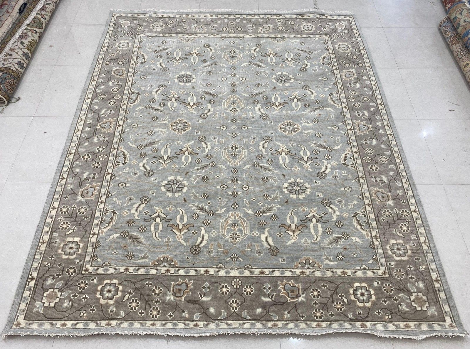 8x10 Ft Hand Knotted Oushak Area Rug For Living Room, Blue Floral Design Carpet photo for sale